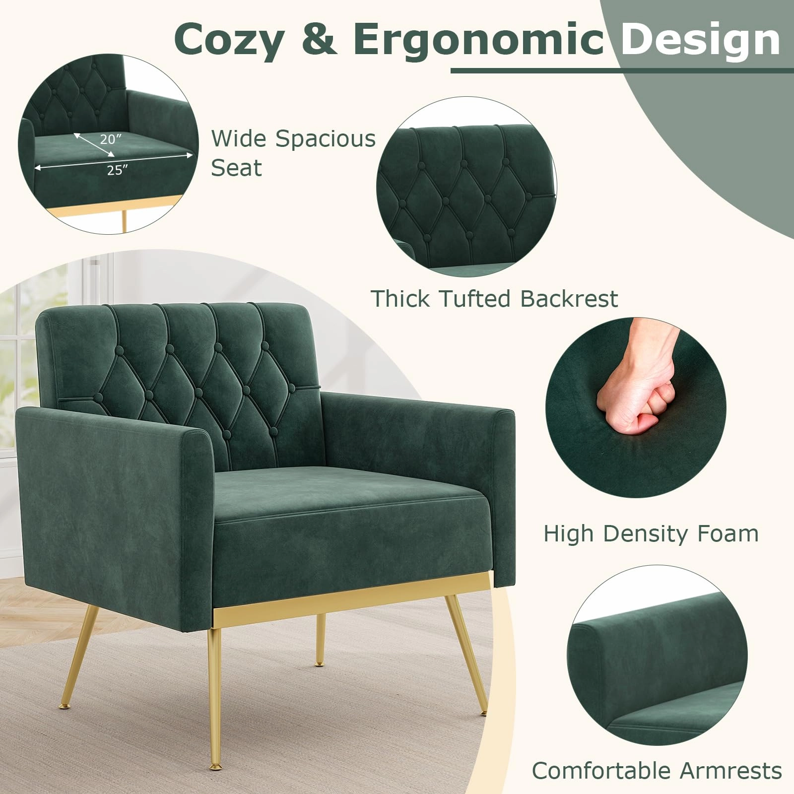 Giantex Modern Velvet Accent Chair Set of 1/2, Mid-Century Upholstered Single Sofa Chair w/Button Tufted Back