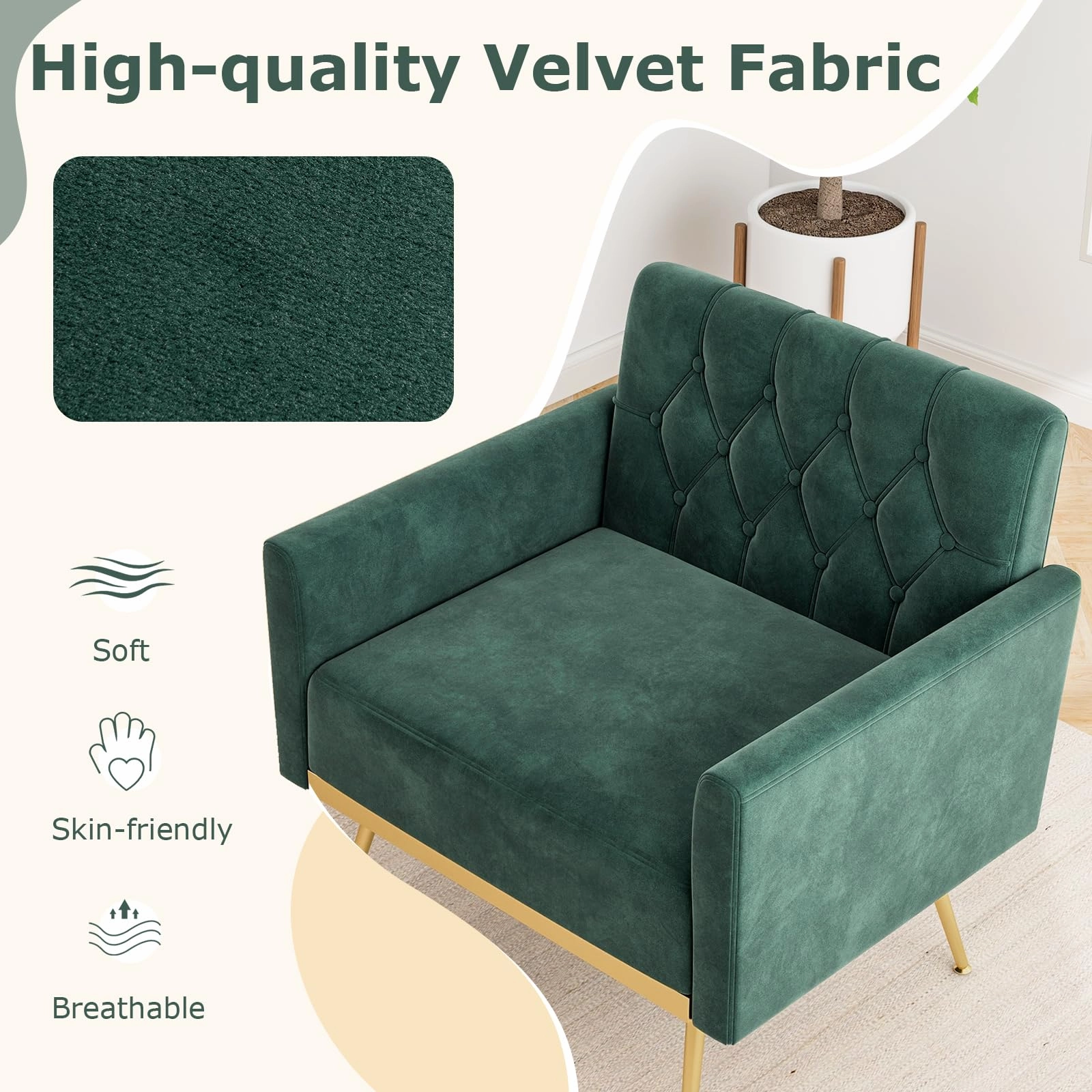 Giantex Modern Velvet Accent Chair Set of 1/2, Mid-Century Upholstered Single Sofa Chair w/Button Tufted Back