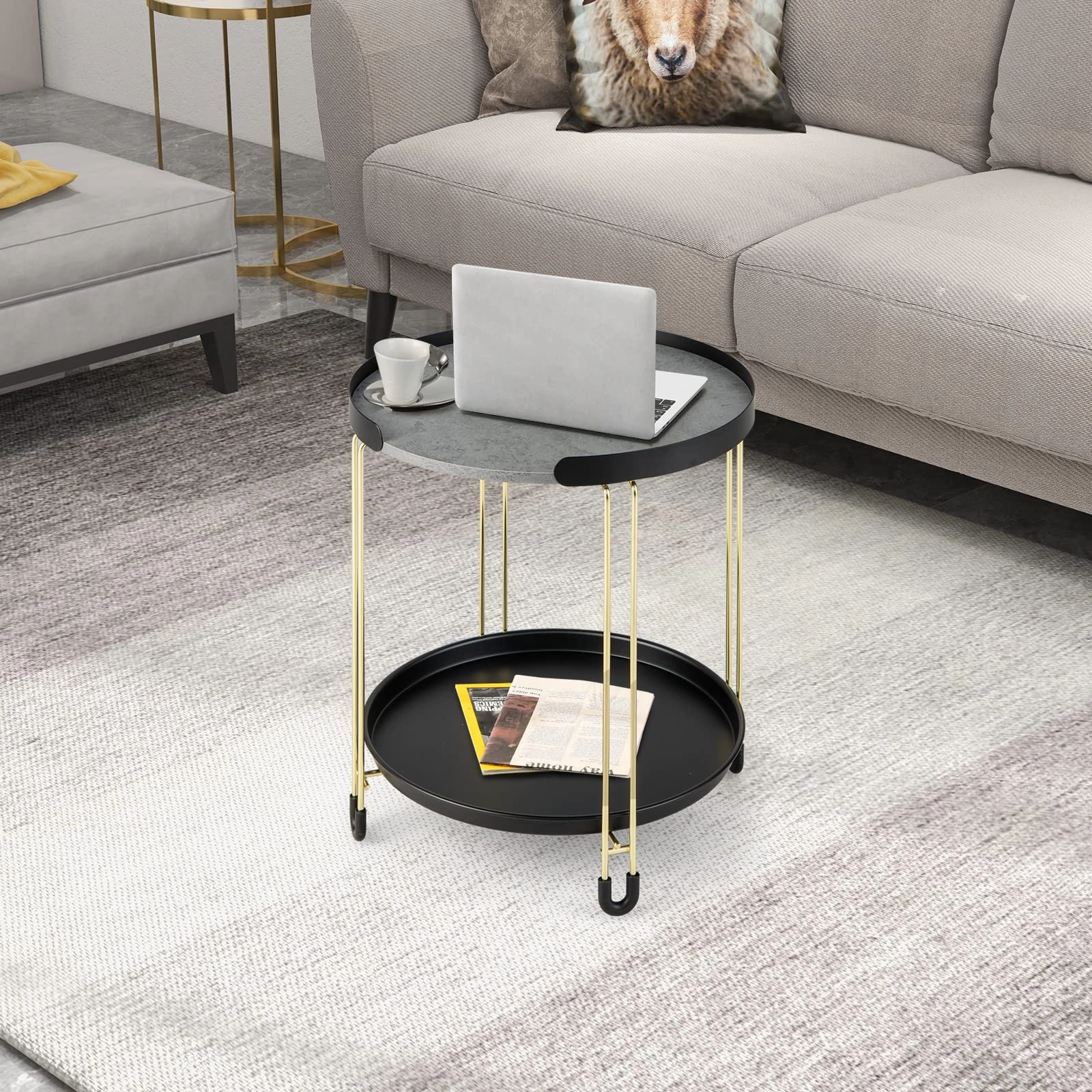 Giantex Modren Side Table, Faux Marble End Table with Golden Frame and Removable Tray