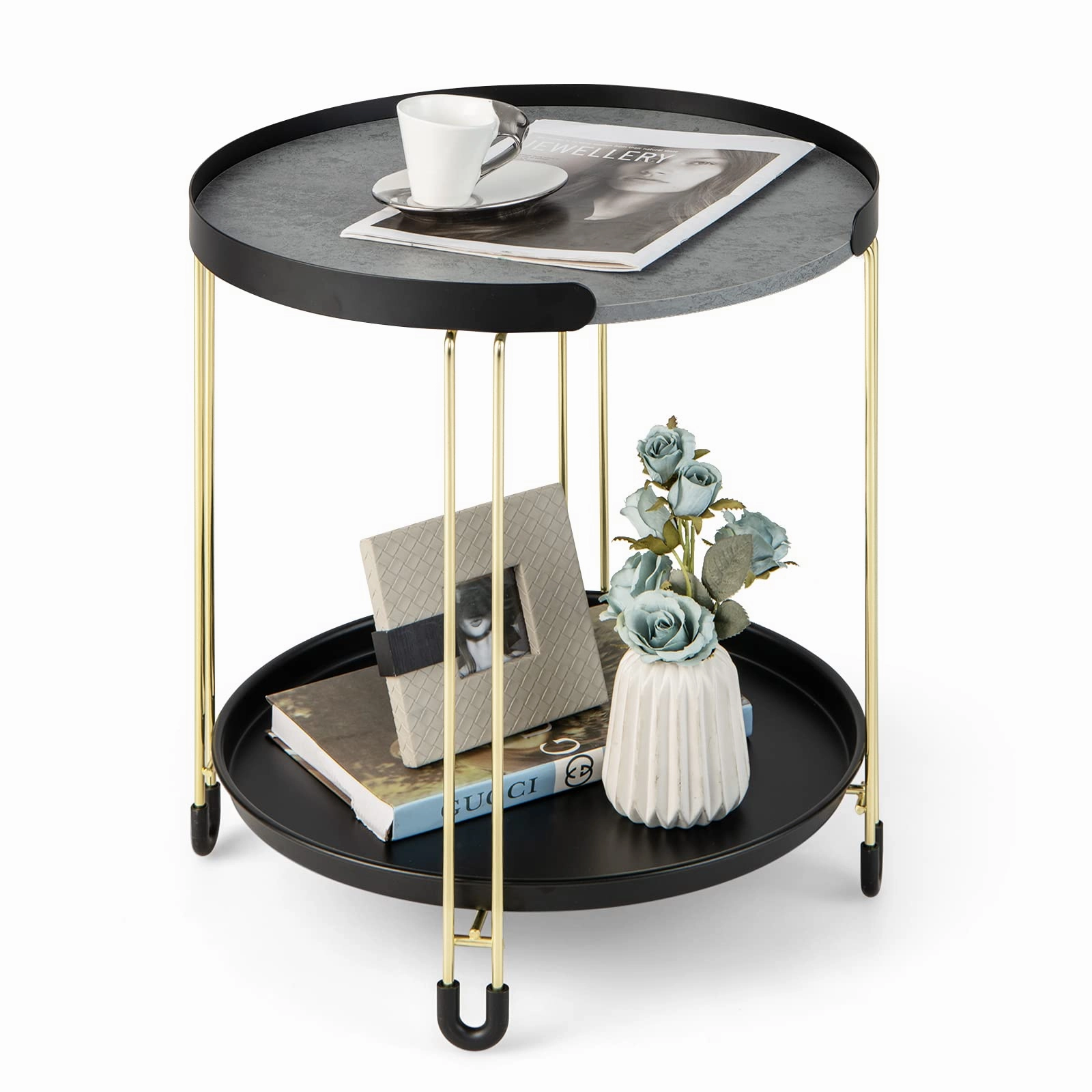 Giantex Modren Side Table, Faux Marble End Table with Golden Frame and Removable Tray entry bench, mudroom storage