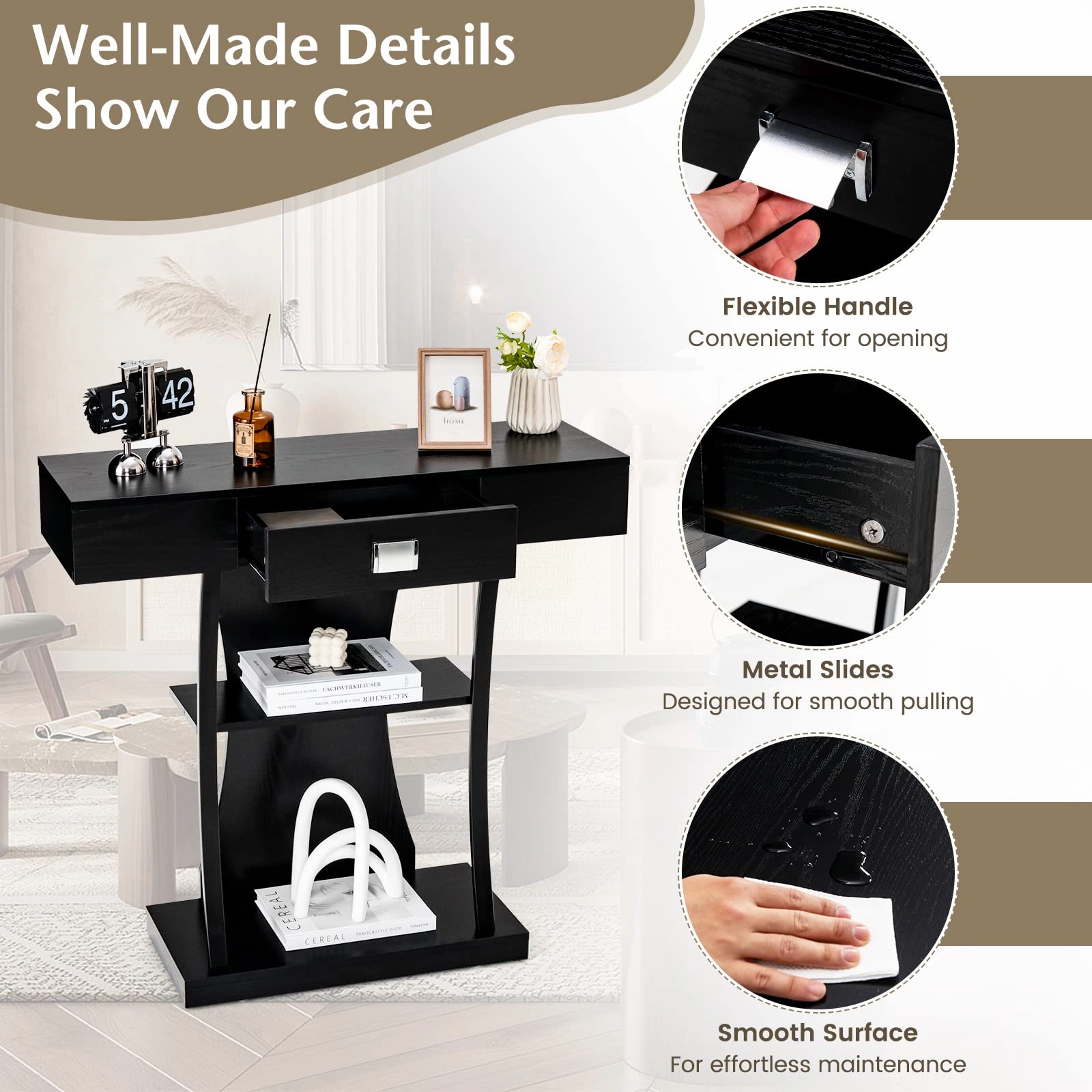 Giantex Narrow Console Table T-Shaped - Behind Couch Table with Drawer, Shelves, Dual Anti-Tipping Kits