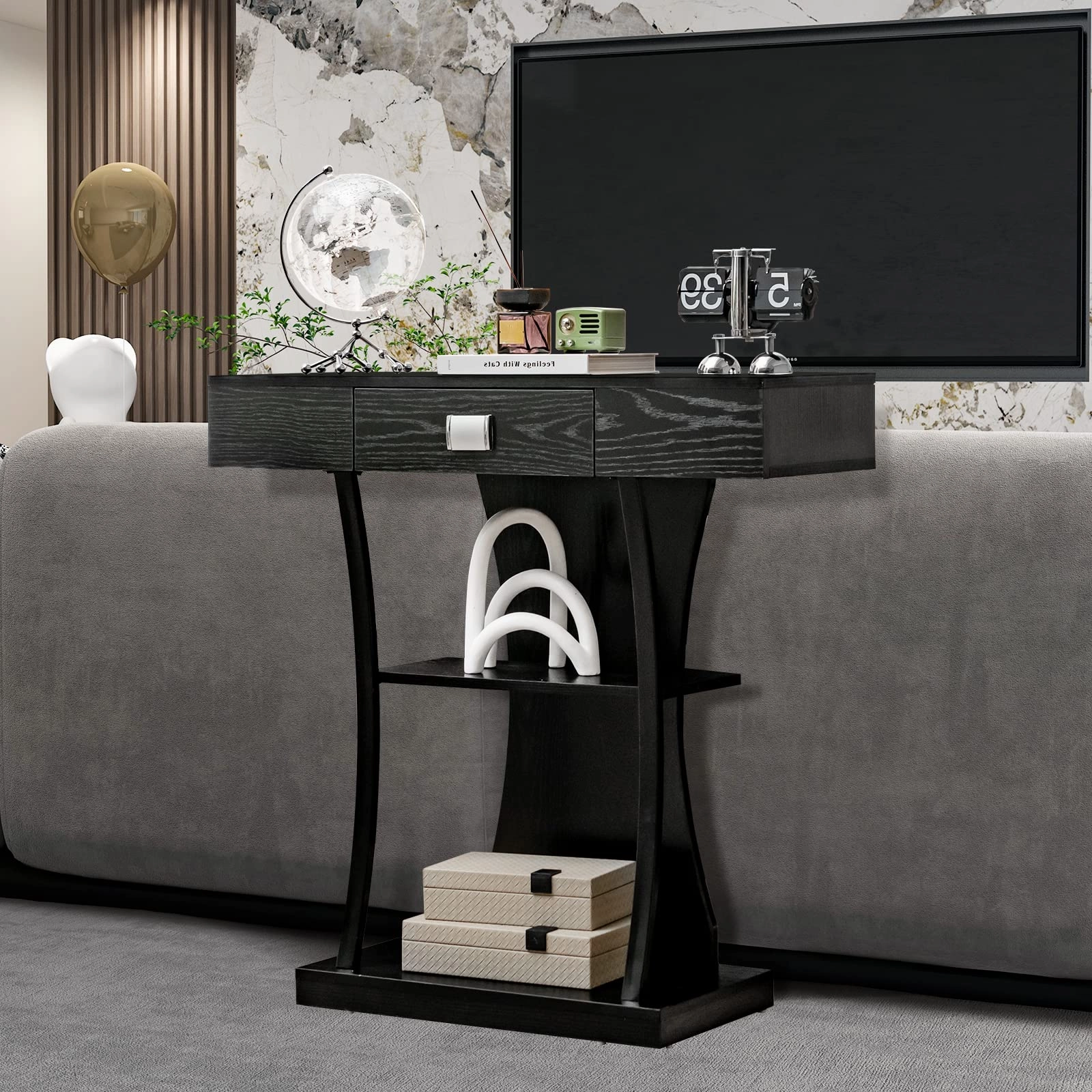 Giantex Narrow Console Table T-Shaped - Behind Couch Table with Drawer, Shelves, Dual Anti-Tipping Kits