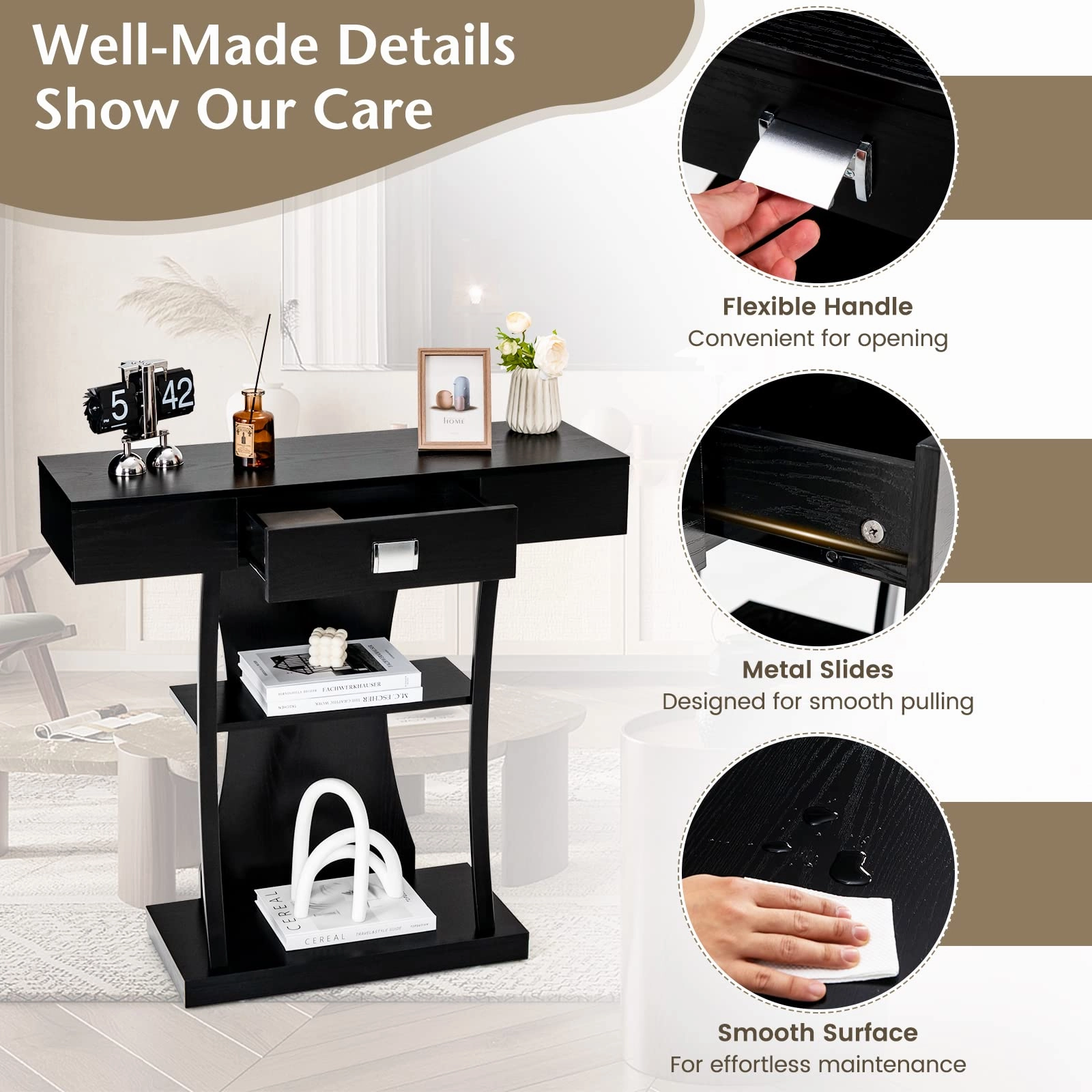 Giantex Narrow Console Table T-Shaped - Behind Couch Table with Drawer, Shelves, Dual Anti-Tipping Kits