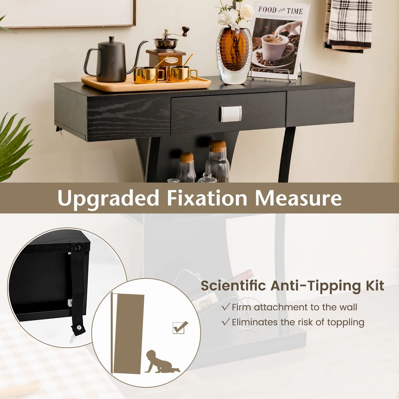 Giantex Narrow Console Table T-Shaped - Behind Couch Table with Drawer, Shelves, Dual Anti-Tipping Kits
