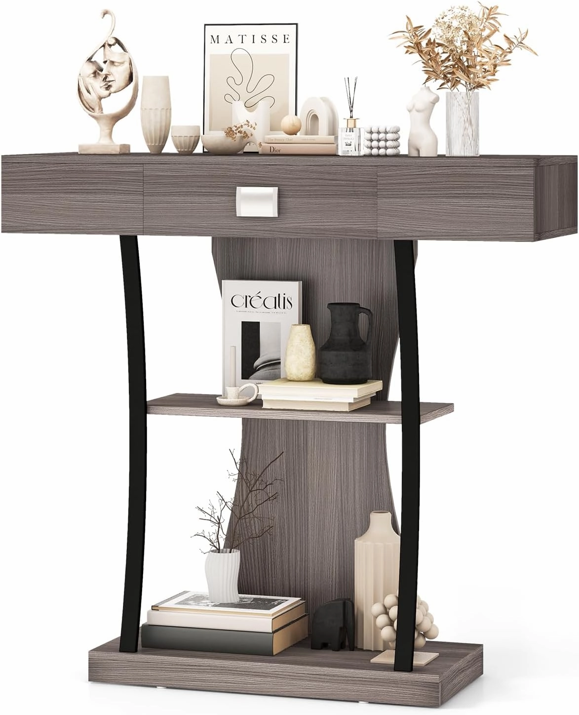 Giantex Narrow Console Table T-Shaped - Behind Couch Table with Drawer, Shelves, Dual Anti-Tipping Kits