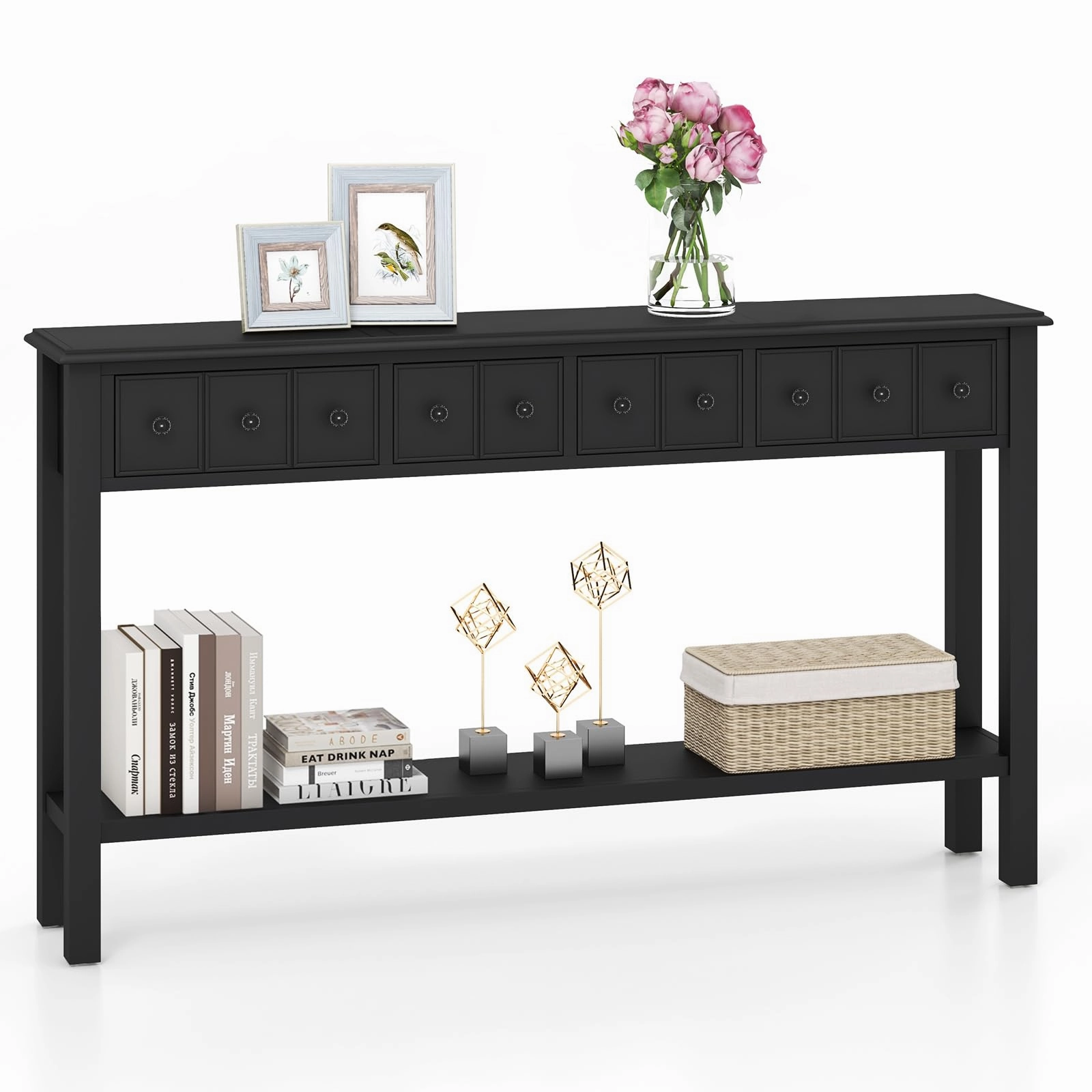 Giantex Narrow Console Table with Storage - 60" Long Sofa Side Table w/ 4 Drawers & Open Shelf, Espresso cowhide rug, animal hide rug