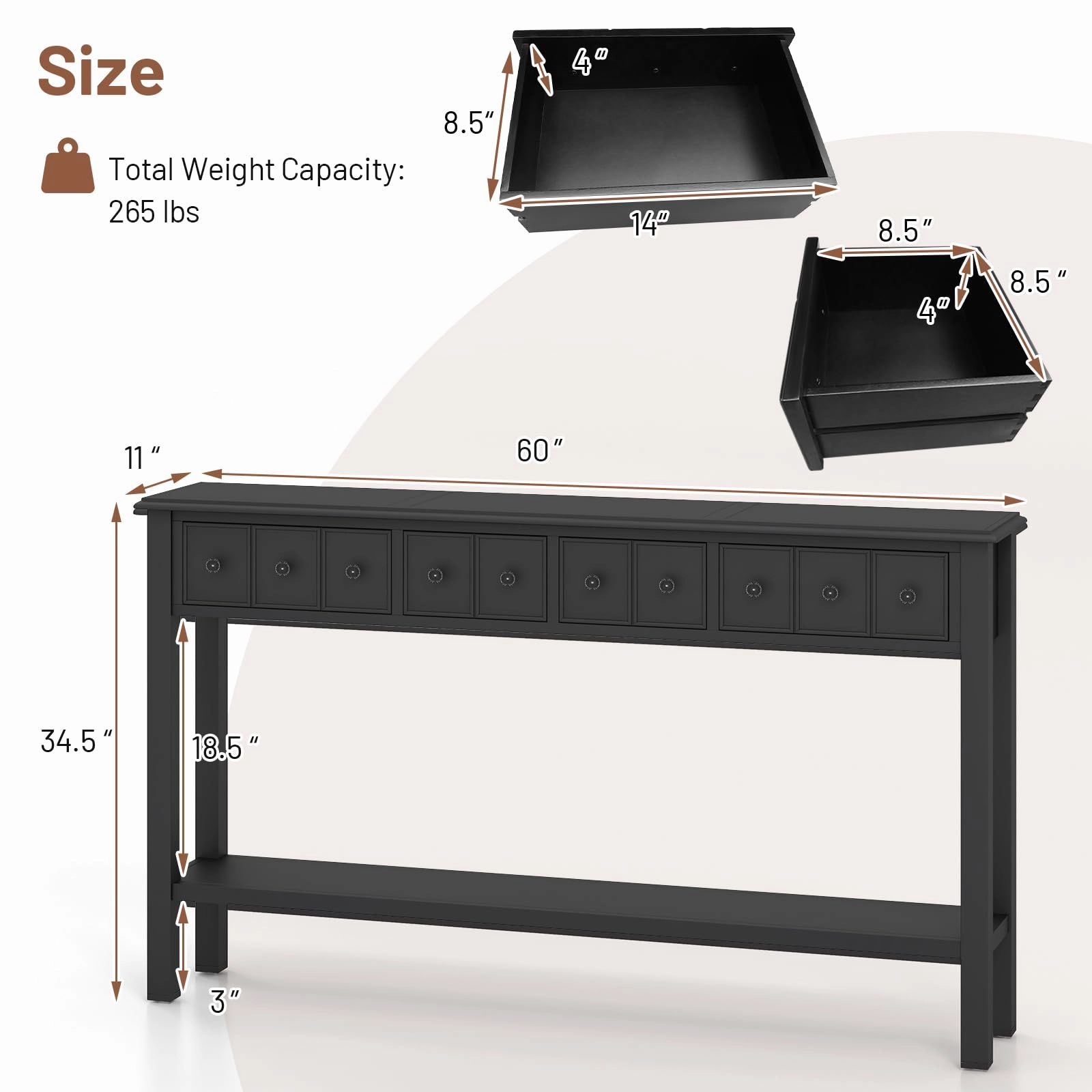 Giantex Narrow Console Table with Storage - 60" Long Sofa Side Table w/ 4 Drawers & Open Shelf, Espresso