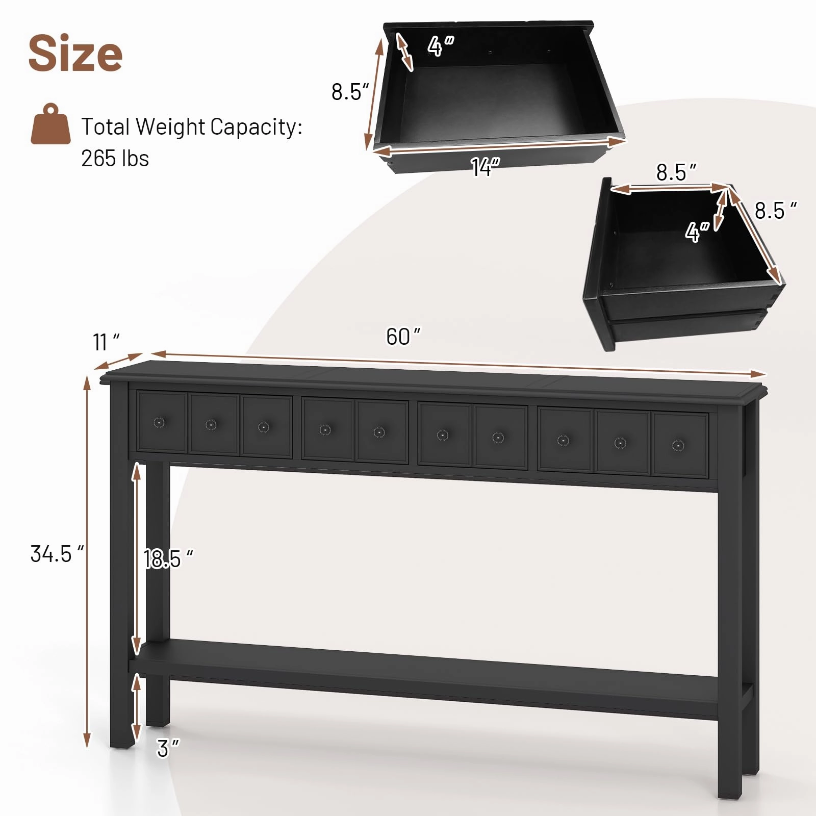 Giantex Narrow Console Table with Storage - 60" Long Sofa Side Table w/ 4 Drawers & Open Shelf, Espresso