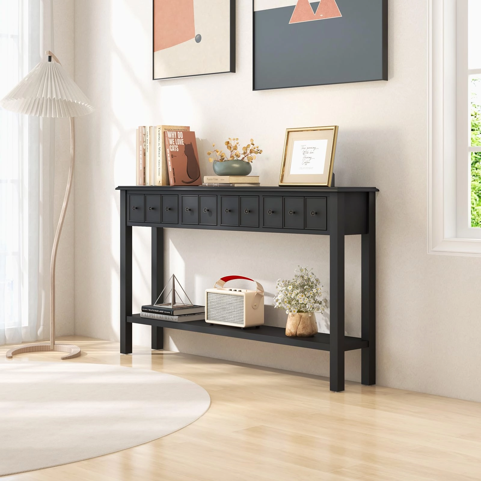 Giantex Narrow Console Table with Storage - 60" Long Sofa Side Table w/ 4 Drawers & Open Shelf, Espresso