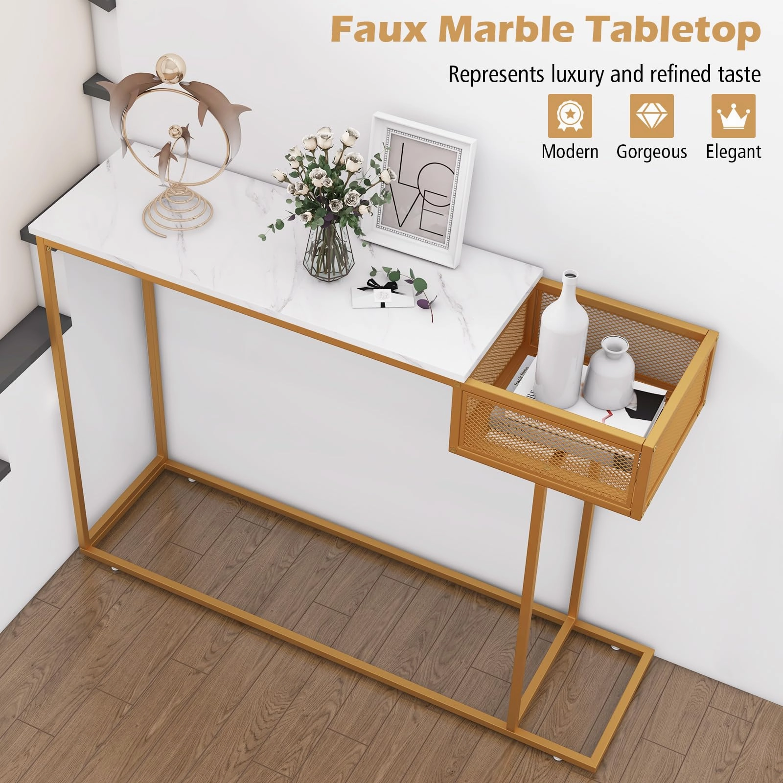 Giantex Narrow Console Table with Storage - Gold Sofa Table with Storage Basket