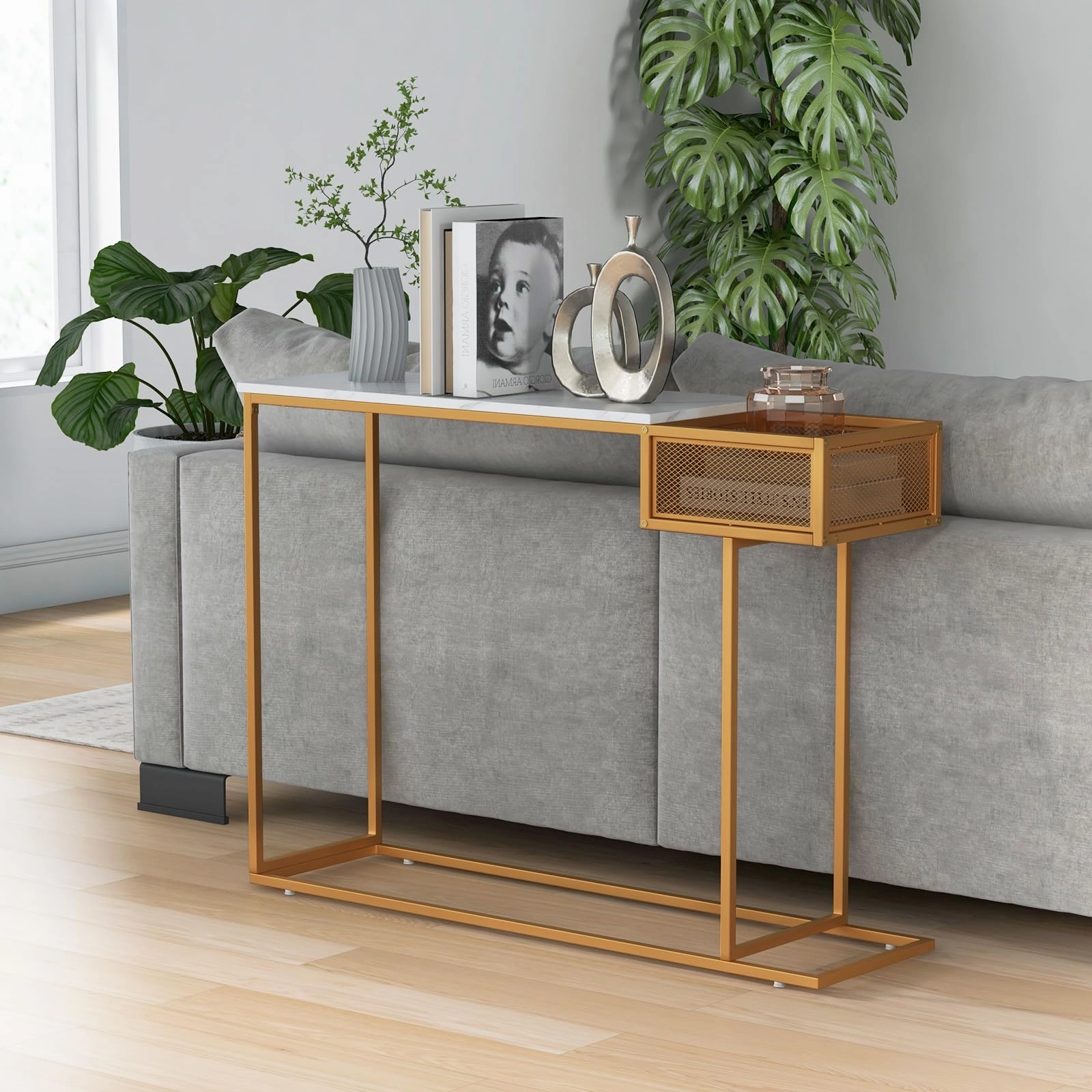 Giantex Narrow Console Table with Storage - Gold Sofa Table with Storage Basket
