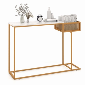 Giantex Narrow Console Table with Storage - Gold Sofa Table with Storage Basket throw pillow, fuzzy blanket