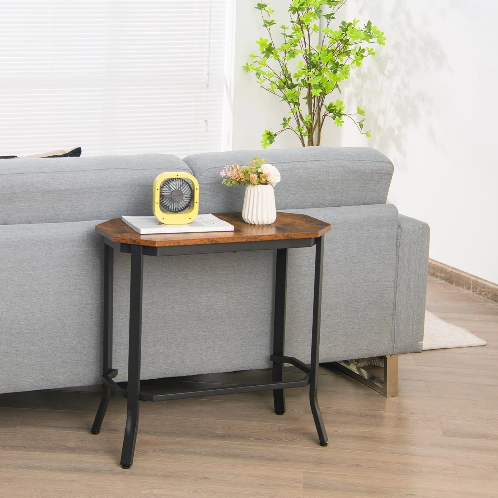 Giantex Narrow End Table w/Rustic Wood Grain & Stable Steel Frame, 25.5"x12.5"x24.5" Rustic Brown
