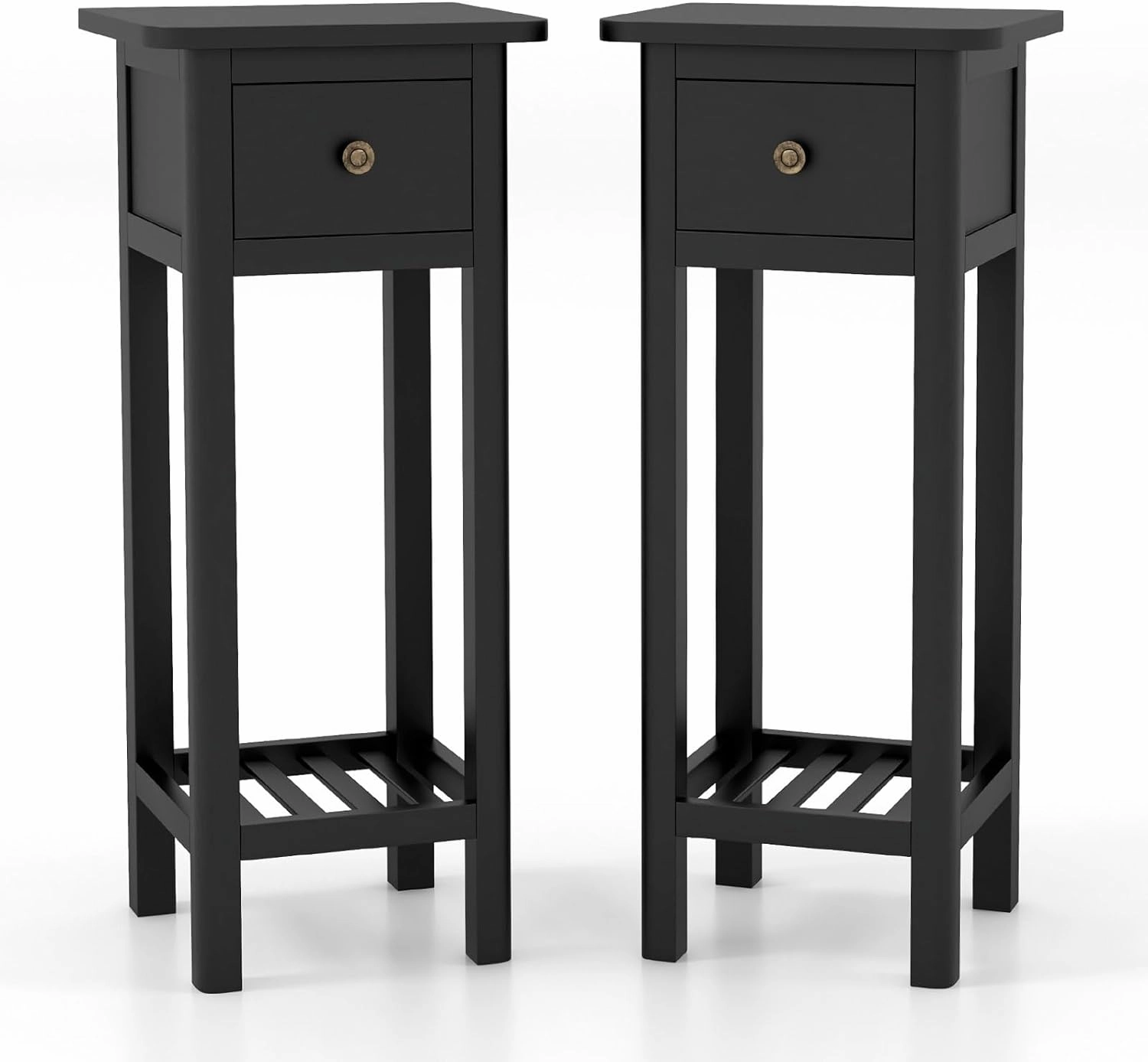 Giantex Narrow End Table with Drawer, Tall Acacia Wood Side Table with Bottom Shelf, Modern Bedside Tables