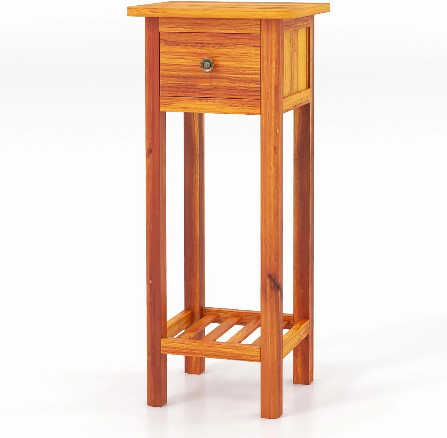Giantex Narrow End Table with Drawer, Tall Acacia Wood Side Table with Bottom Shelf, Modern Bedside Tables
