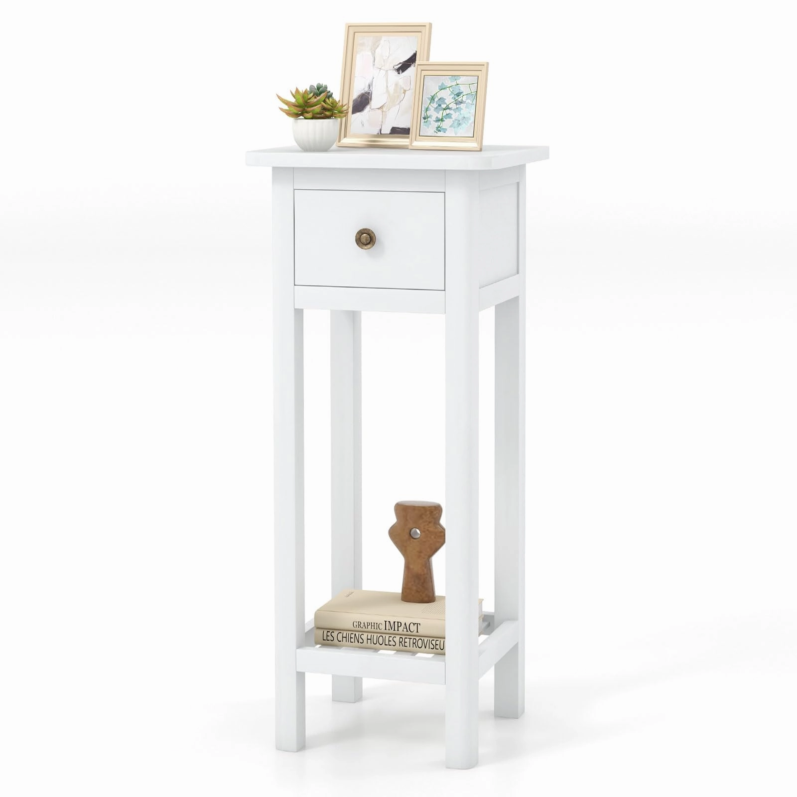 Giantex Narrow End Table with Drawer, Tall Acacia Wood Side Table with Bottom Shelf, Modern Bedside Tables entry bench, mudroom storage