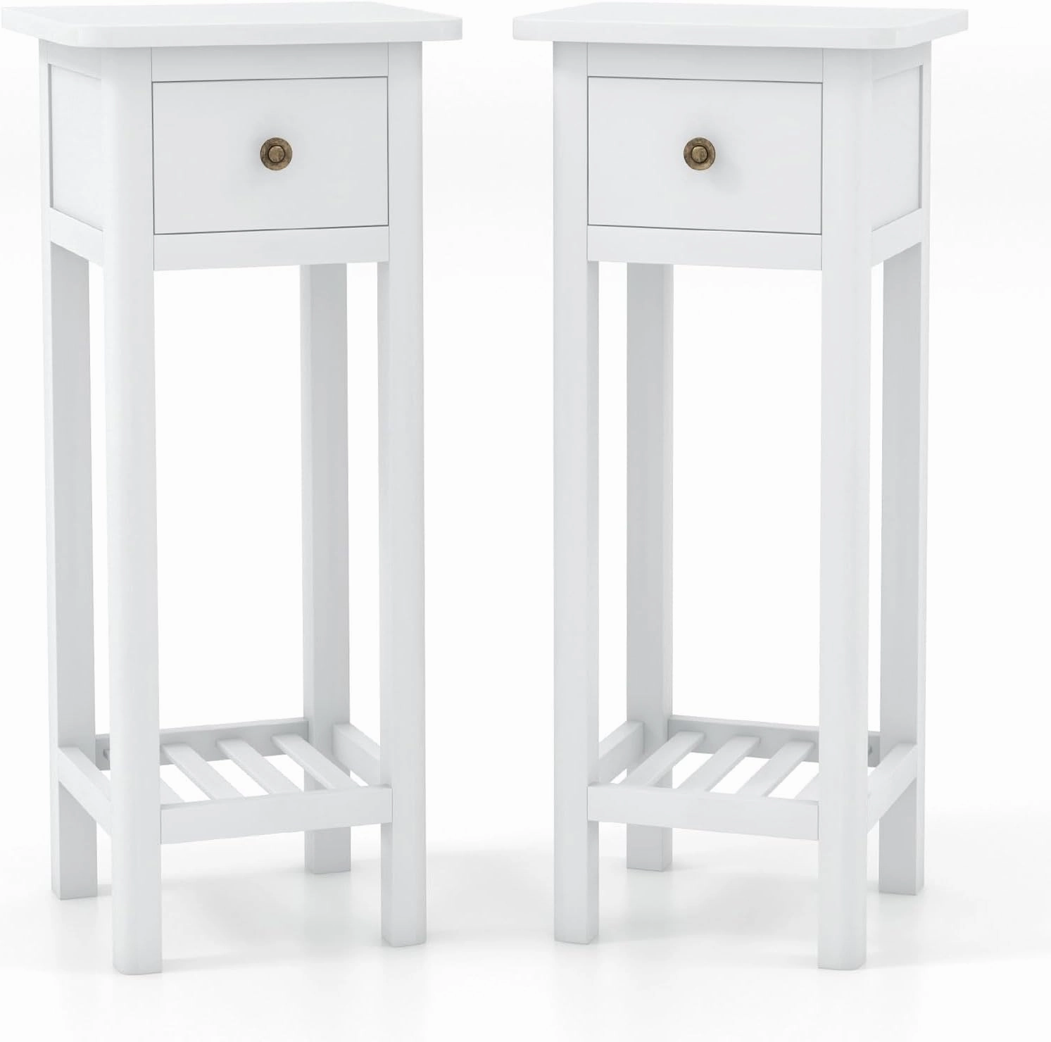 Giantex Narrow End Table with Drawer, Tall Acacia Wood Side Table with Bottom Shelf, Modern Bedside Tables