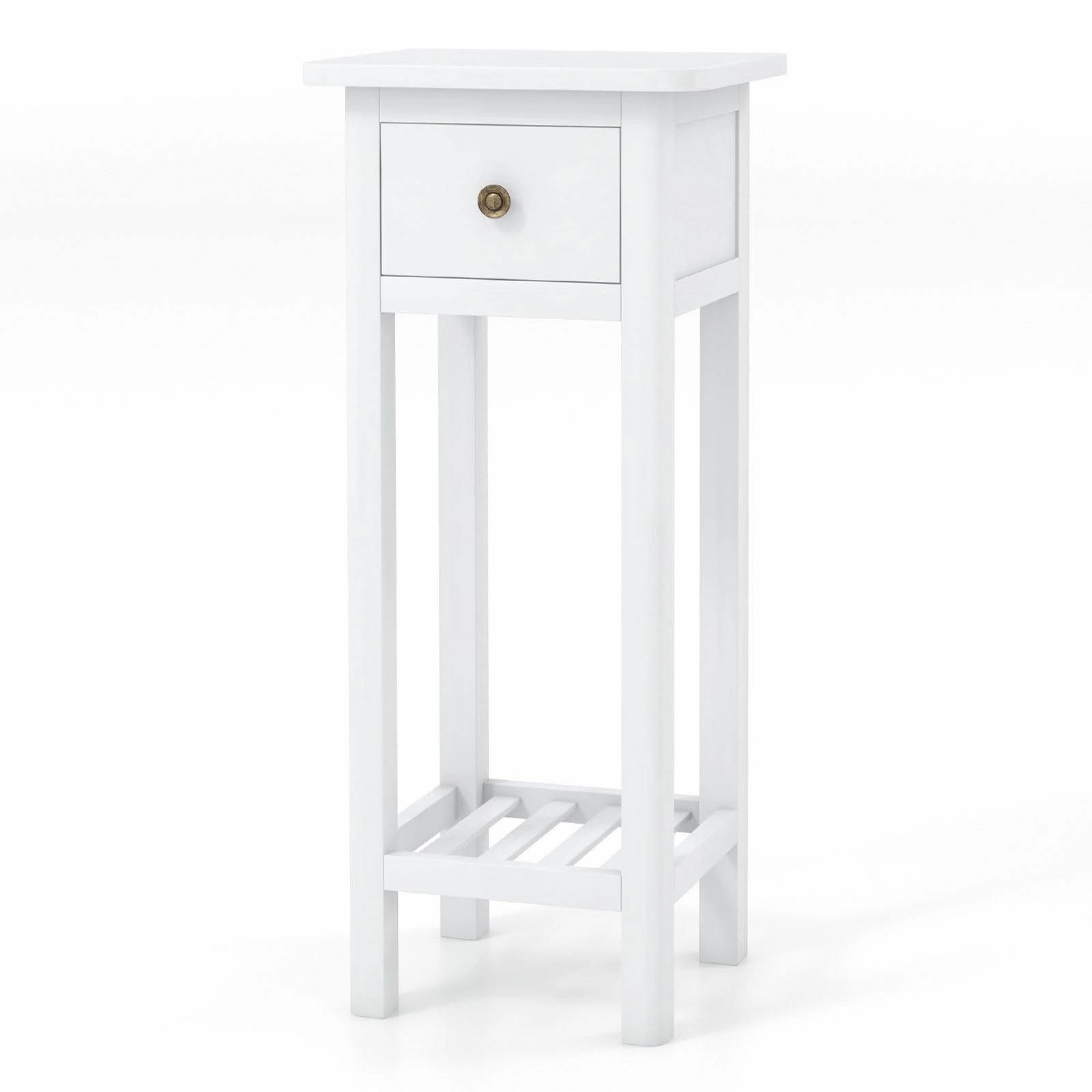 Giantex Narrow End Table with Drawer, Tall Acacia Wood Side Table with Bottom Shelf, Modern Bedside Tables