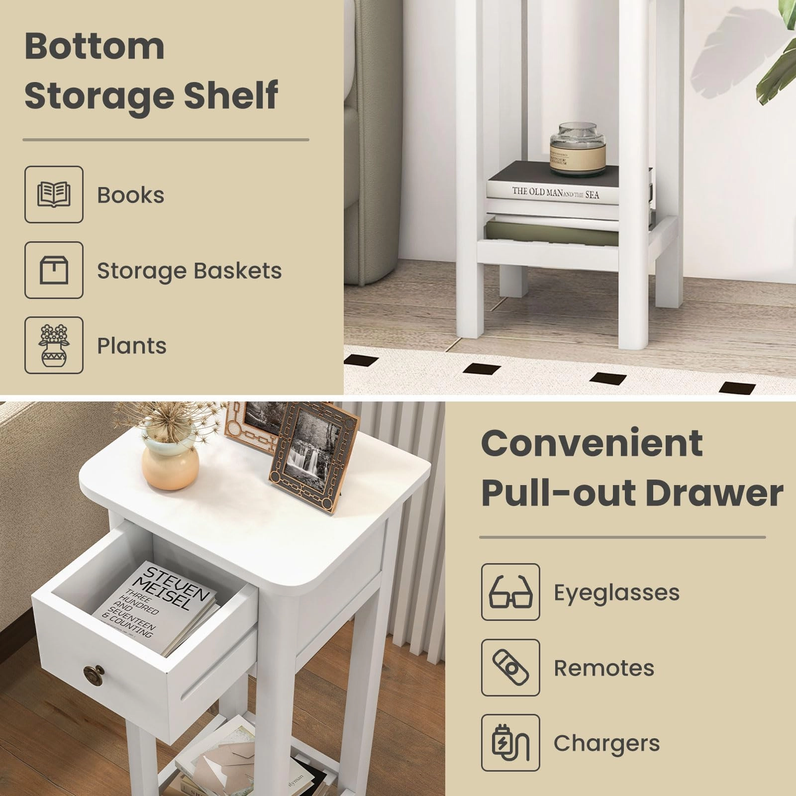 Giantex Narrow End Table with Drawer, Tall Acacia Wood Side Table with Bottom Shelf, Modern Bedside Tables