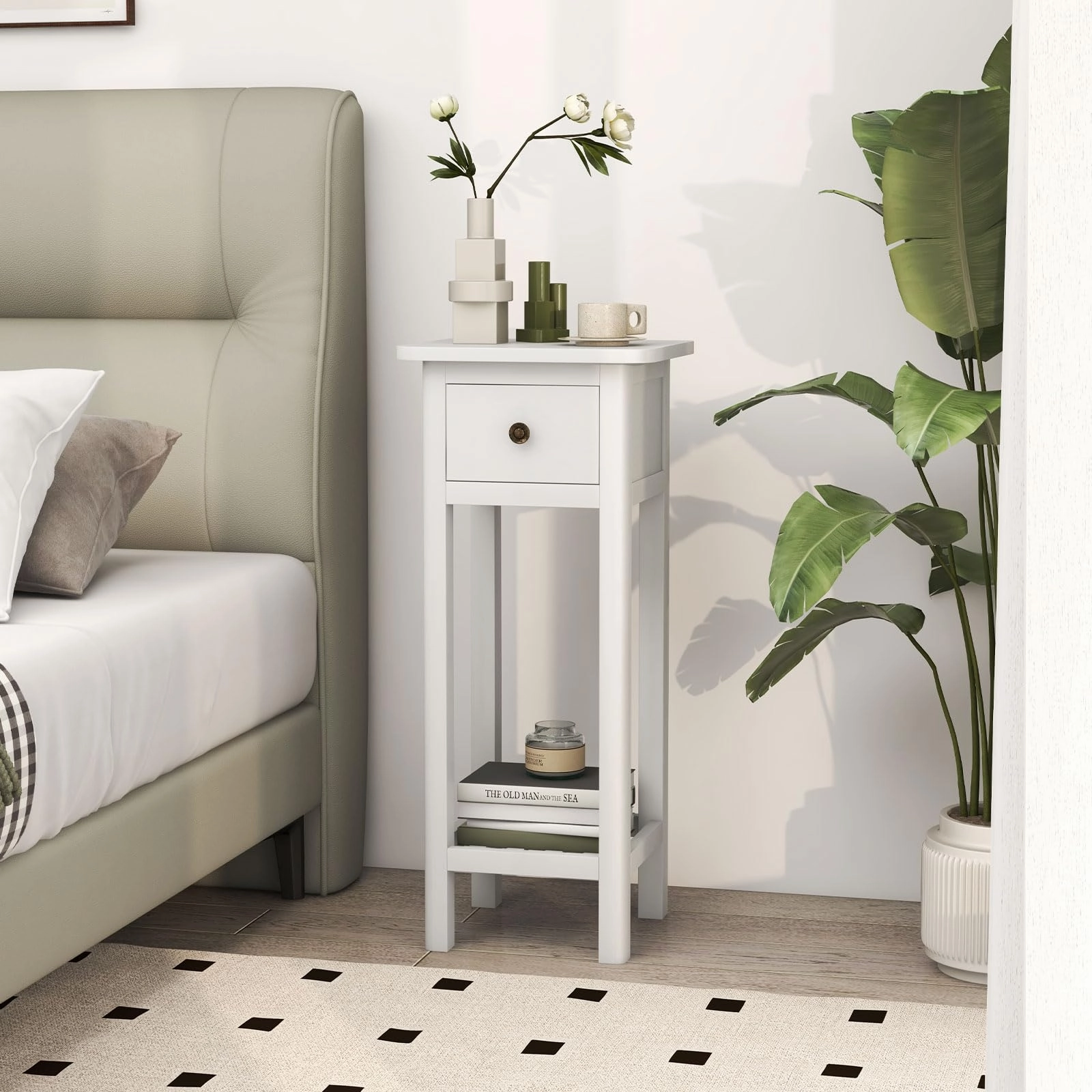 Giantex Narrow End Table with Drawer, Tall Acacia Wood Side Table with Bottom Shelf, Modern Bedside Tables