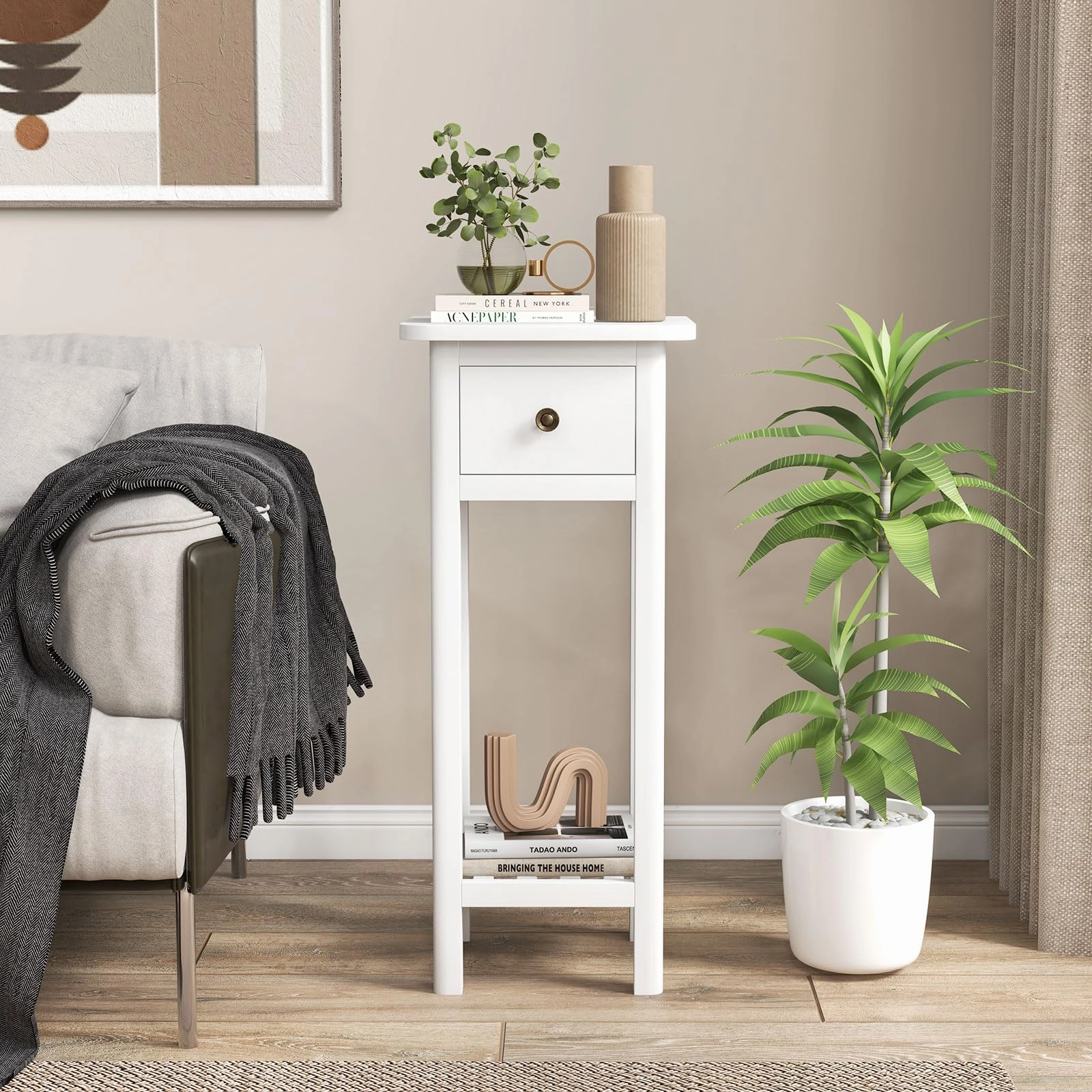 Giantex Narrow End Table with Drawer, Tall Acacia Wood Side Table with Bottom Shelf, Modern Bedside Tables