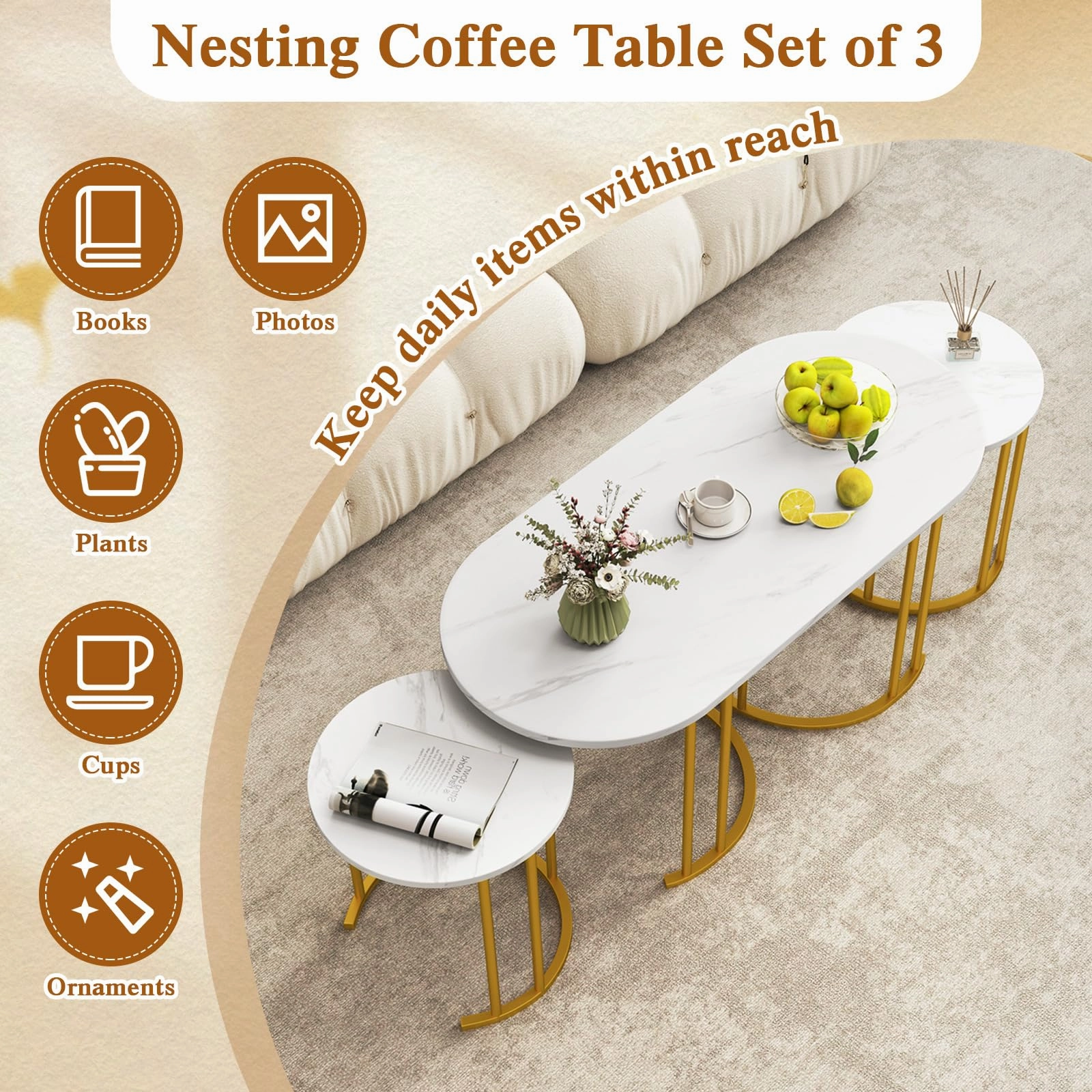 Giantex Nesting Coffee Table Set of 3, Stacking Side Tables with Faux Marble Tabletop & Gold Metal Frame