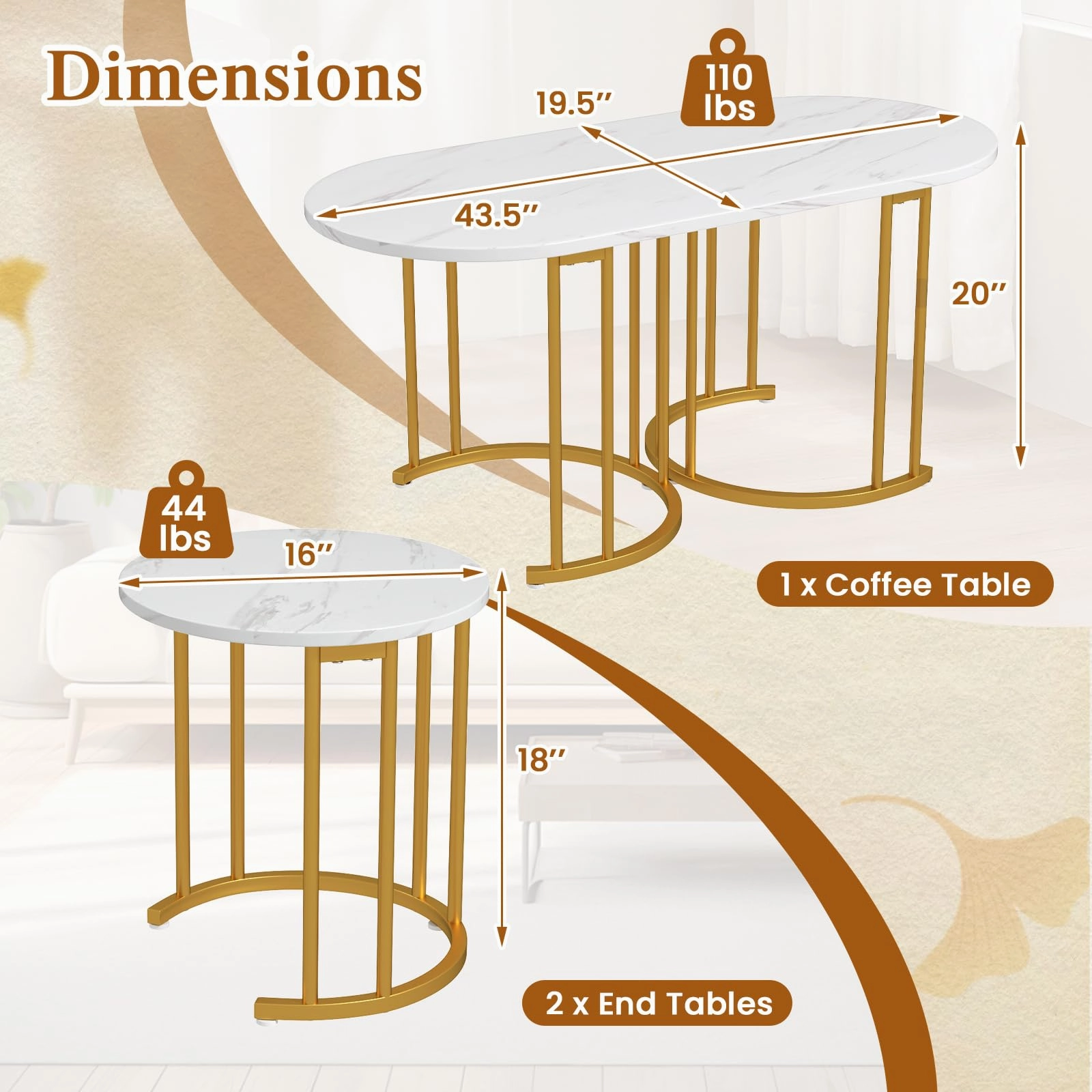 Giantex Nesting Coffee Table Set of 3, Stacking Side Tables with Faux Marble Tabletop & Gold Metal Frame