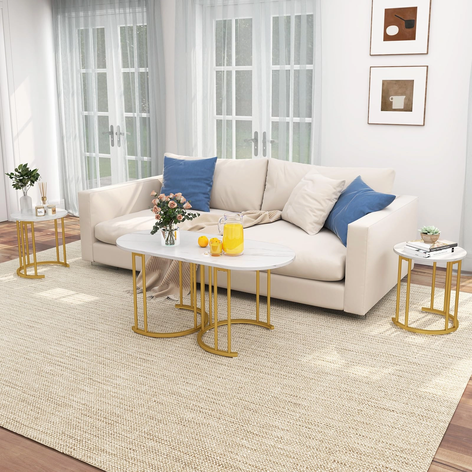 Giantex Nesting Coffee Table Set of 3, Stacking Side Tables with Faux Marble Tabletop & Gold Metal Frame