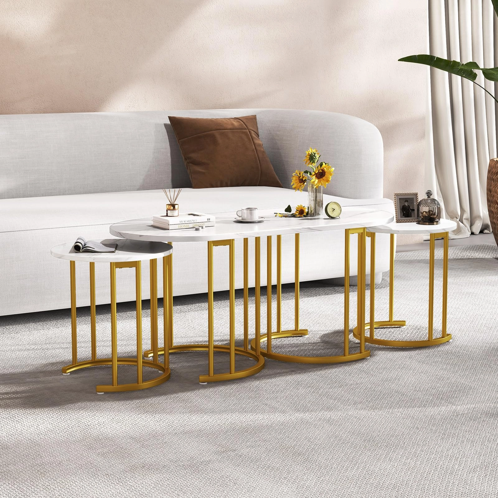 Giantex Nesting Coffee Table Set of 3, Stacking Side Tables with Faux Marble Tabletop & Gold Metal Frame