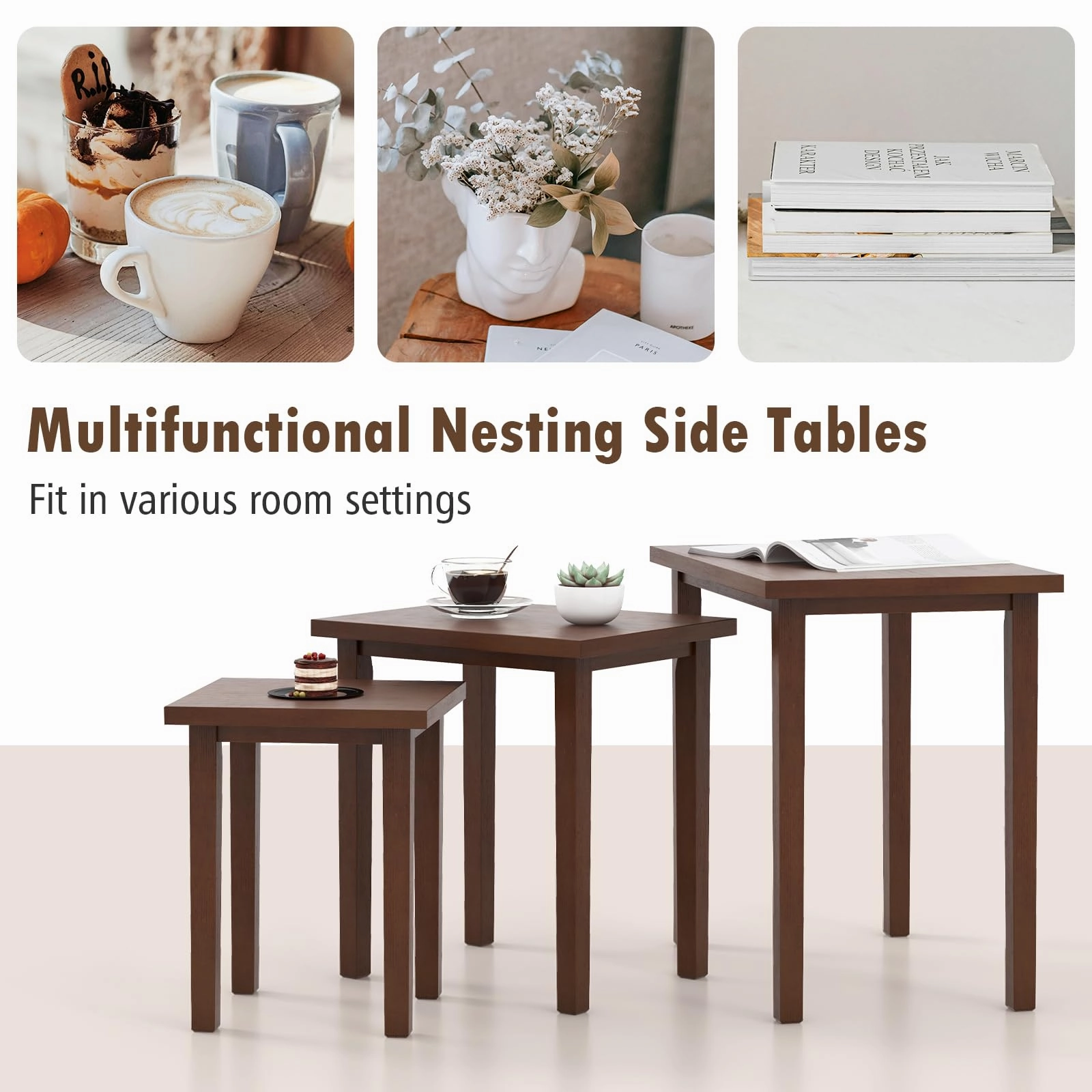 Giantex Nesting Tables Set of 3, Farmhouse Stacking Side Tables with Rubber Legs