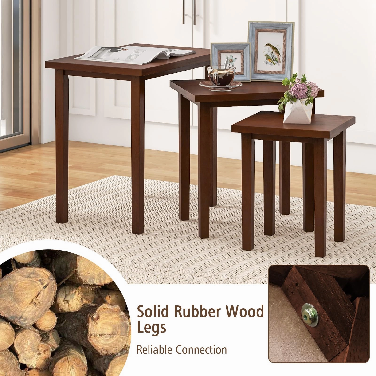 Giantex Nesting Tables Set of 3, Farmhouse Stacking Side Tables with Rubber Legs