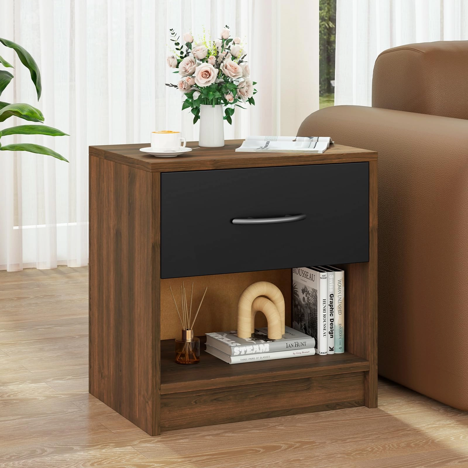 Giantex Night Stand Set of 1/2 with Drawer, Wood  End Table with Open Storage Shelf for Bedroom