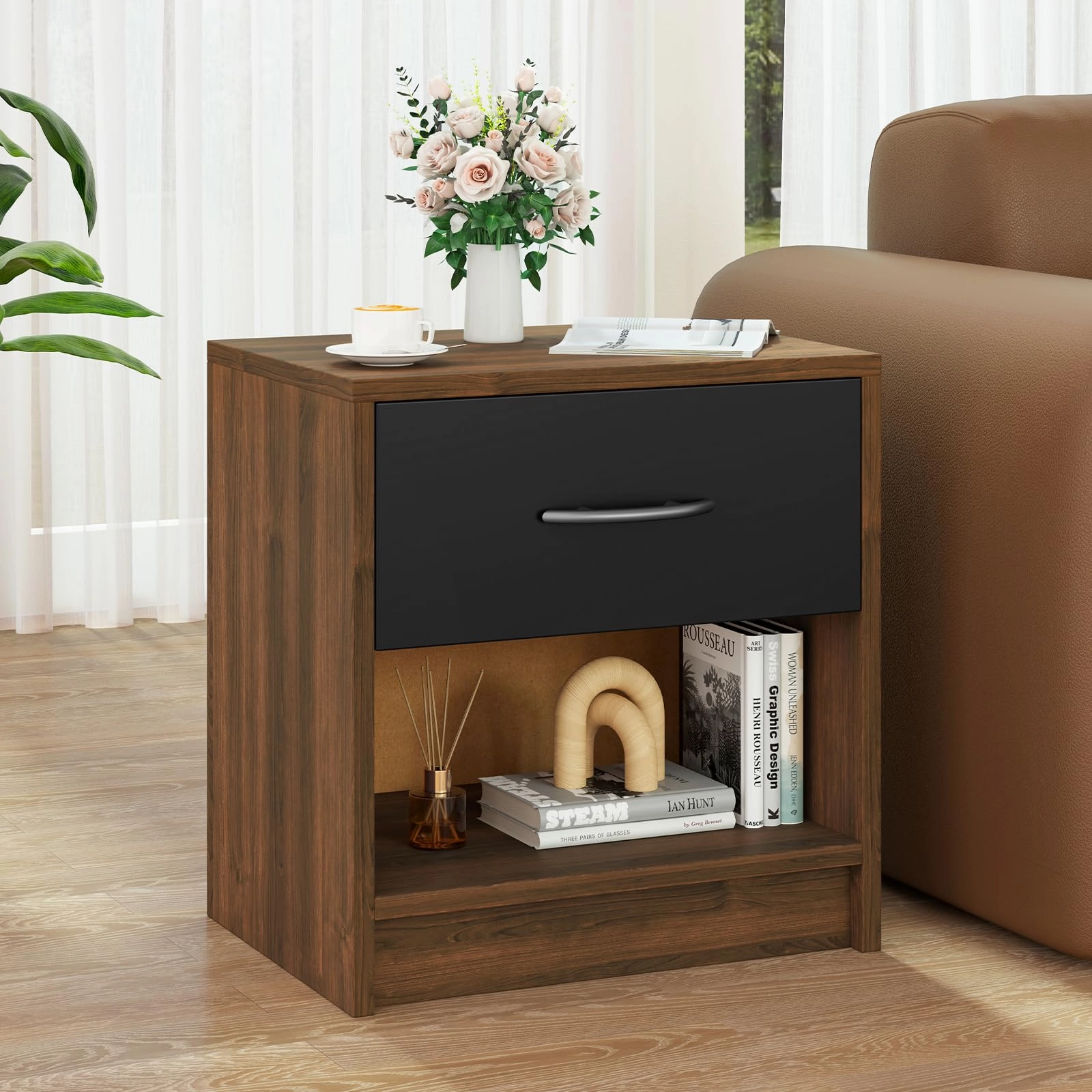Giantex Night Stand Set of 1/2 with Drawer, Wood  End Table with Open Storage Shelf for Bedroom