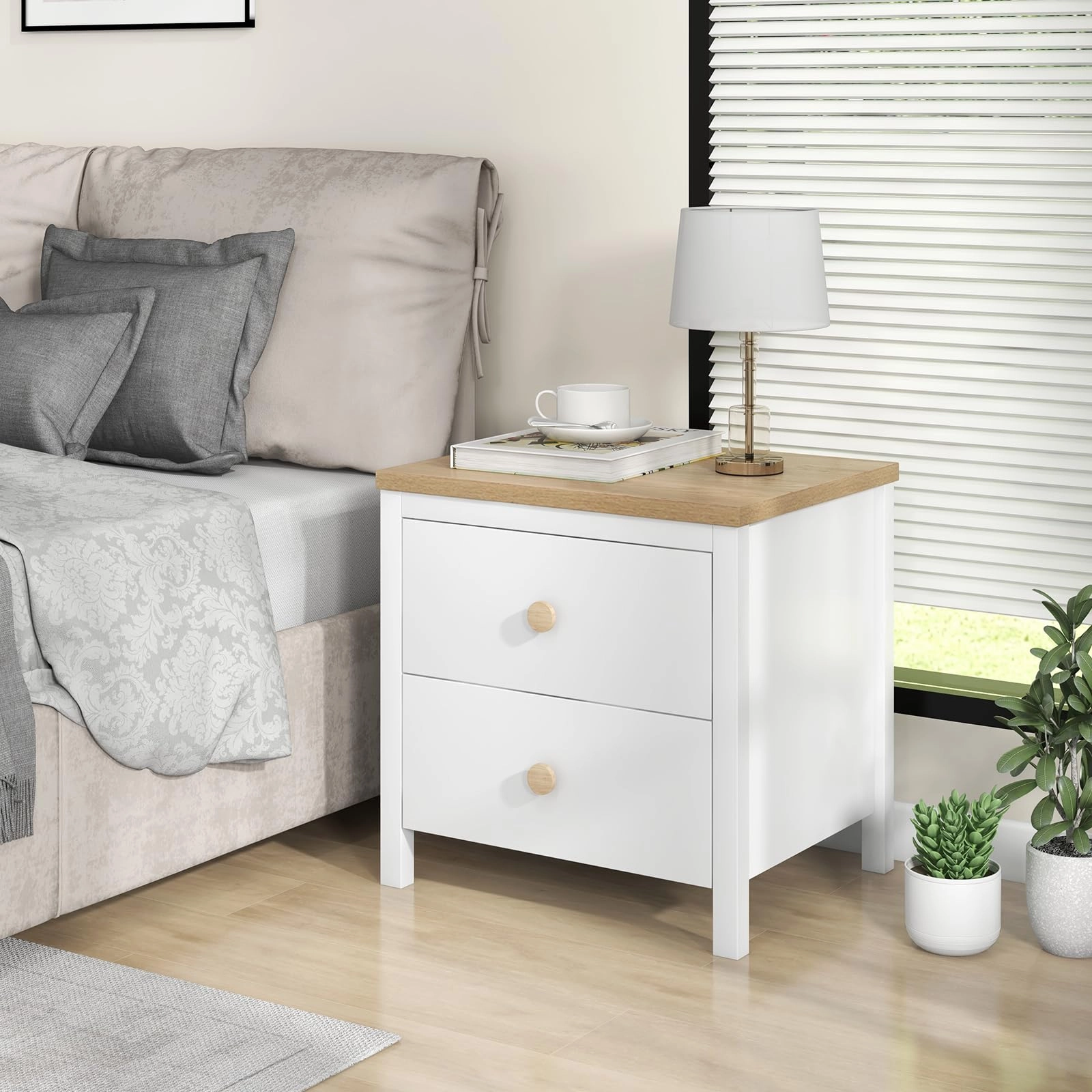 Giantex Night Stand with 2 Drawers, Farmhouse Bedside Table with Cute Round Knobs