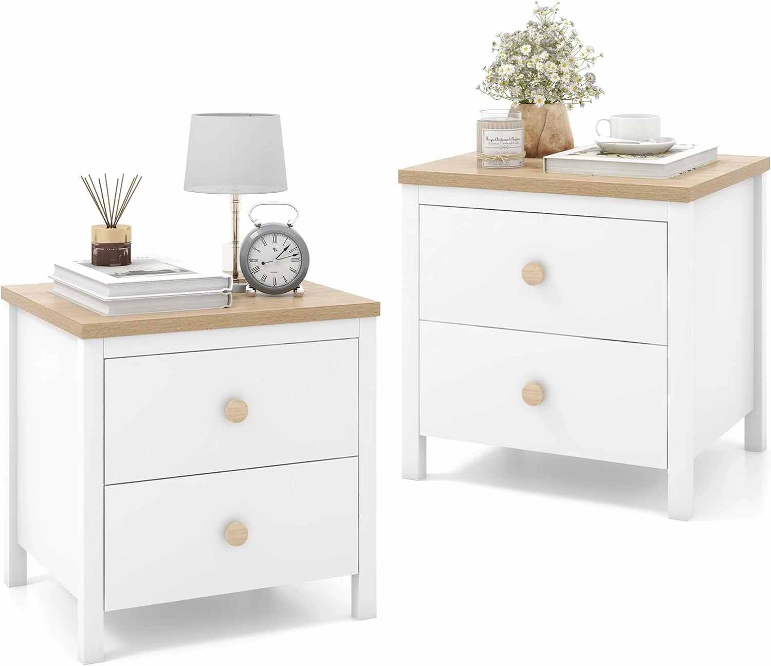 Giantex Night Stand with 2 Drawers, Farmhouse Bedside Table with Cute Round Knobs