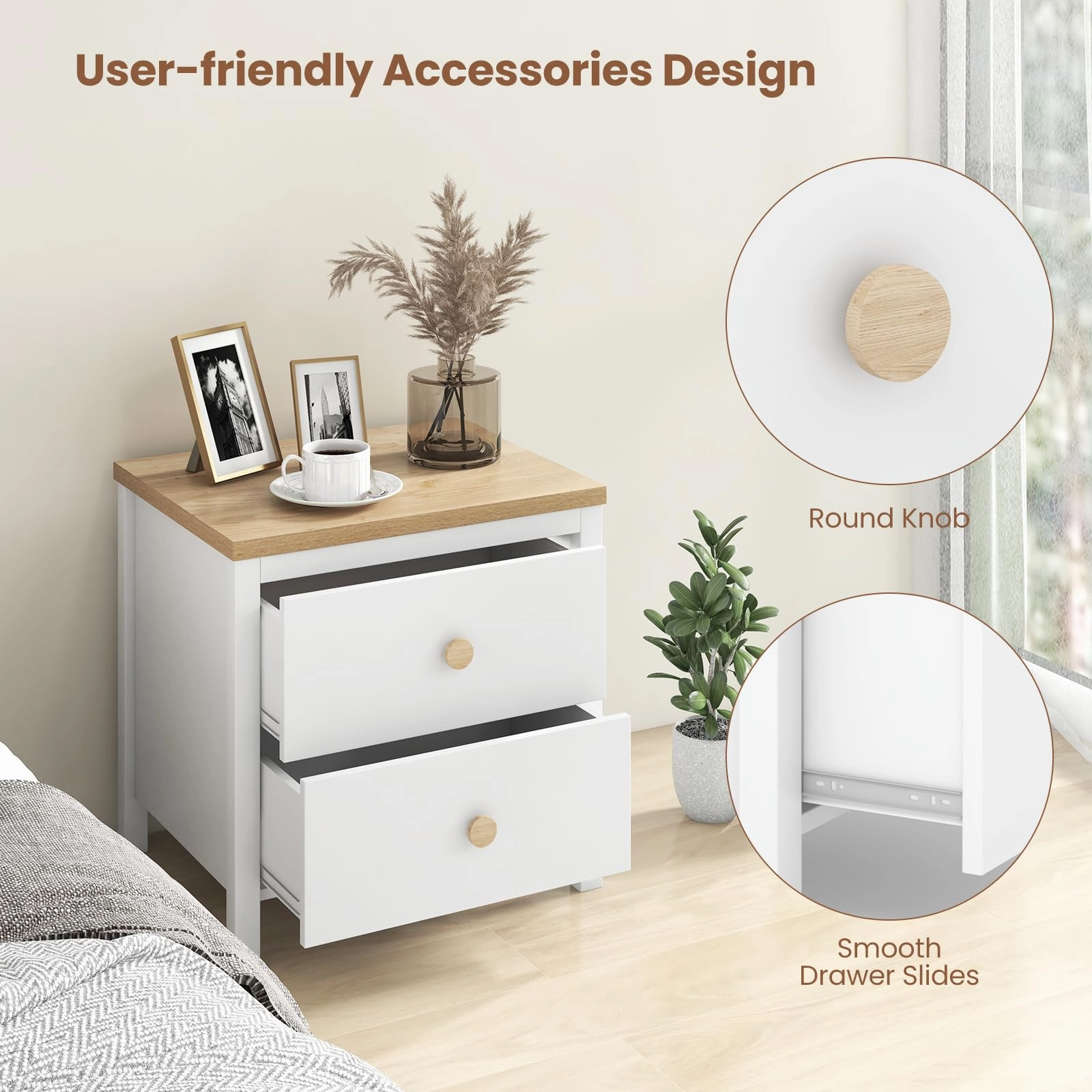Giantex Night Stand with 2 Drawers, Farmhouse Bedside Table with Cute Round Knobs