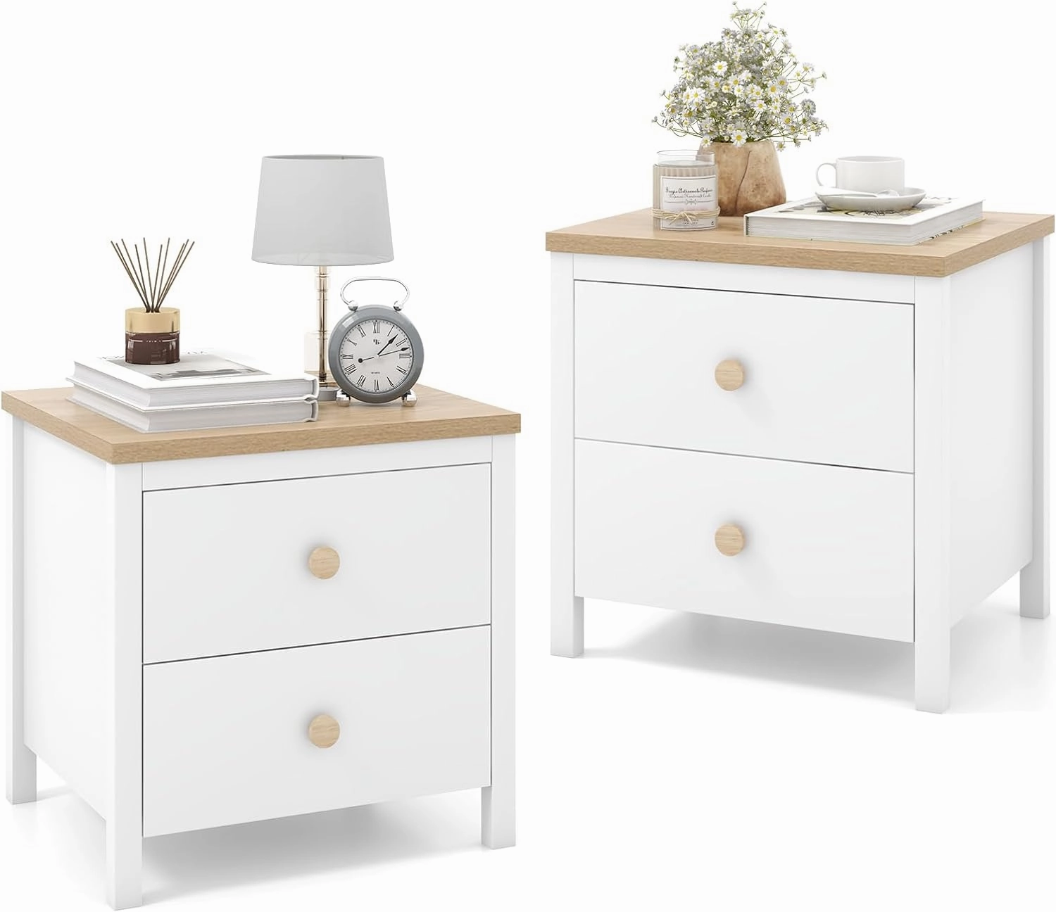 Giantex Night Stand with 2 Drawers, Farmhouse Bedside Table with Cute Round Knobs
