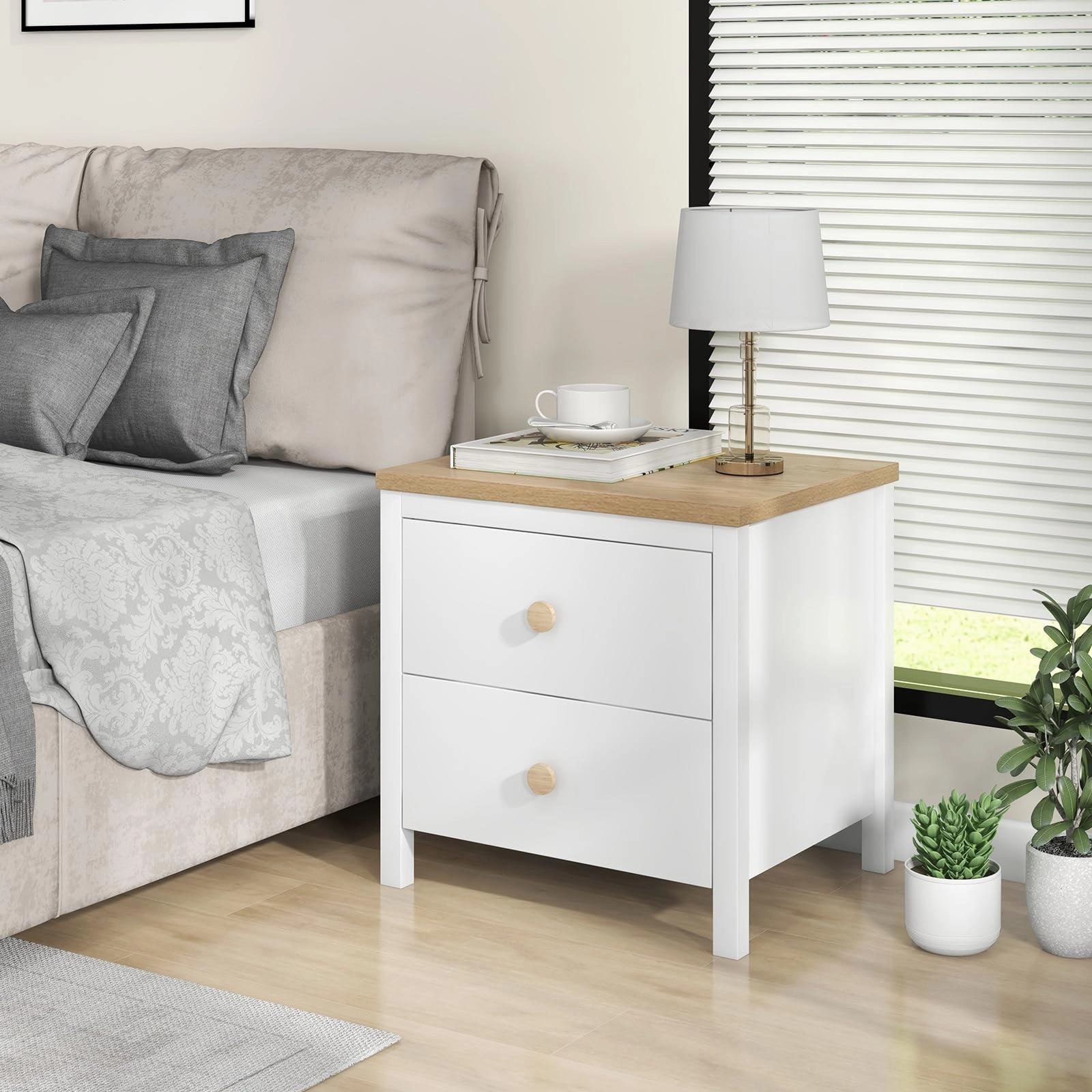 Giantex Night Stand with 2 Drawers, Farmhouse Bedside Table with Cute Round Knobs