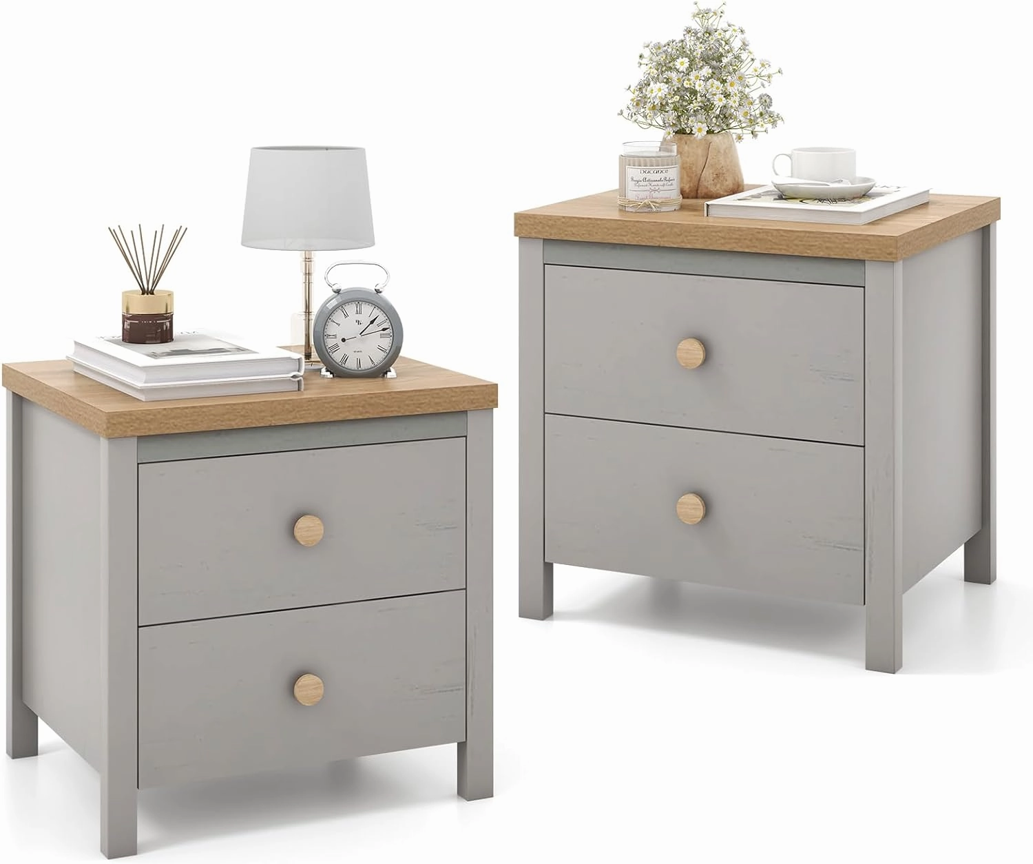 Giantex Night Stand with 2 Drawers, Farmhouse Bedside Table with Cute Round Knobs