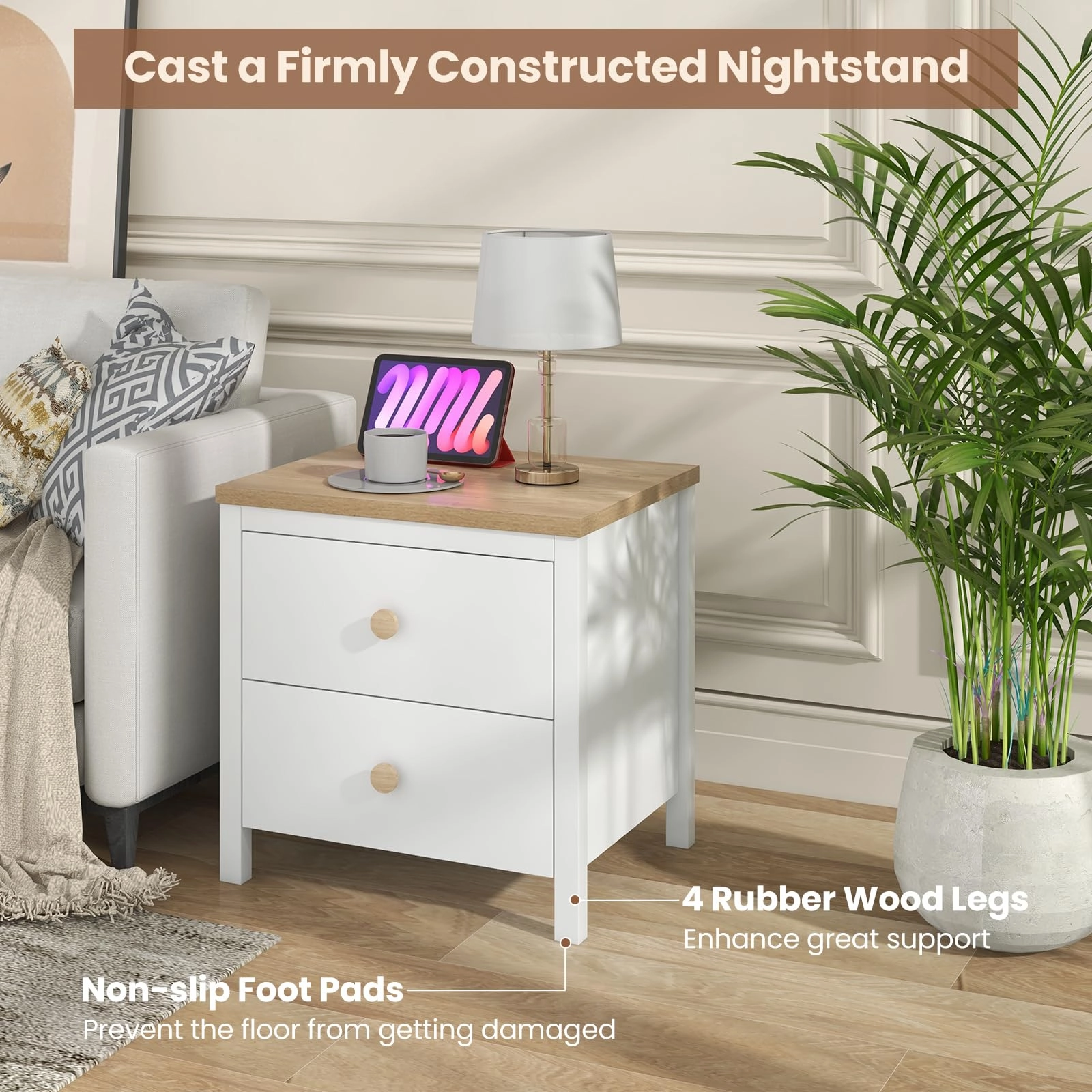 Giantex Night Stand with 2 Drawers, Farmhouse Bedside Table with Cute Round Knobs