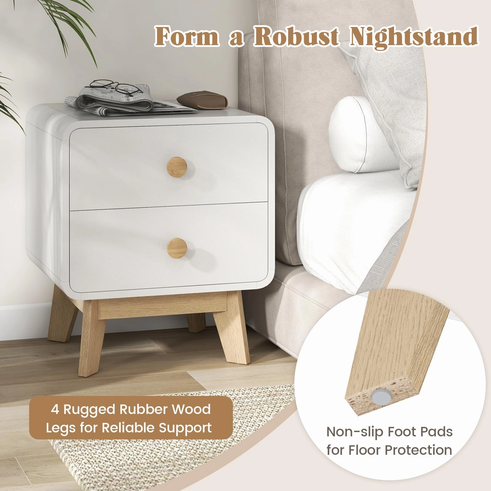 Giantex Night Stand with 2 Drawers, Mid Century Modern Bedside Table with Cute Round Knobs