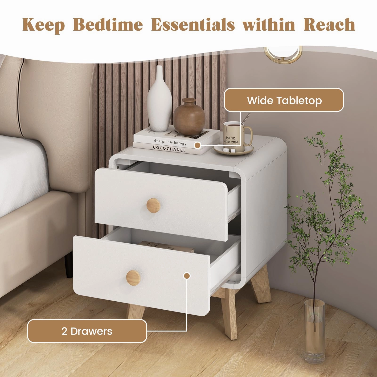 Giantex Night Stand with 2 Drawers, Mid Century Modern Bedside Table with Cute Round Knobs