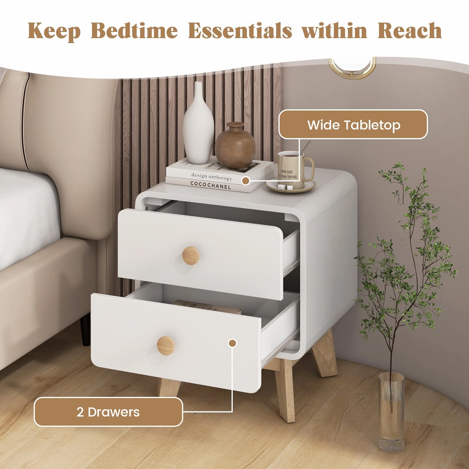 Giantex Night Stand with 2 Drawers, Mid Century Modern Bedside Table with Cute Round Knobs
