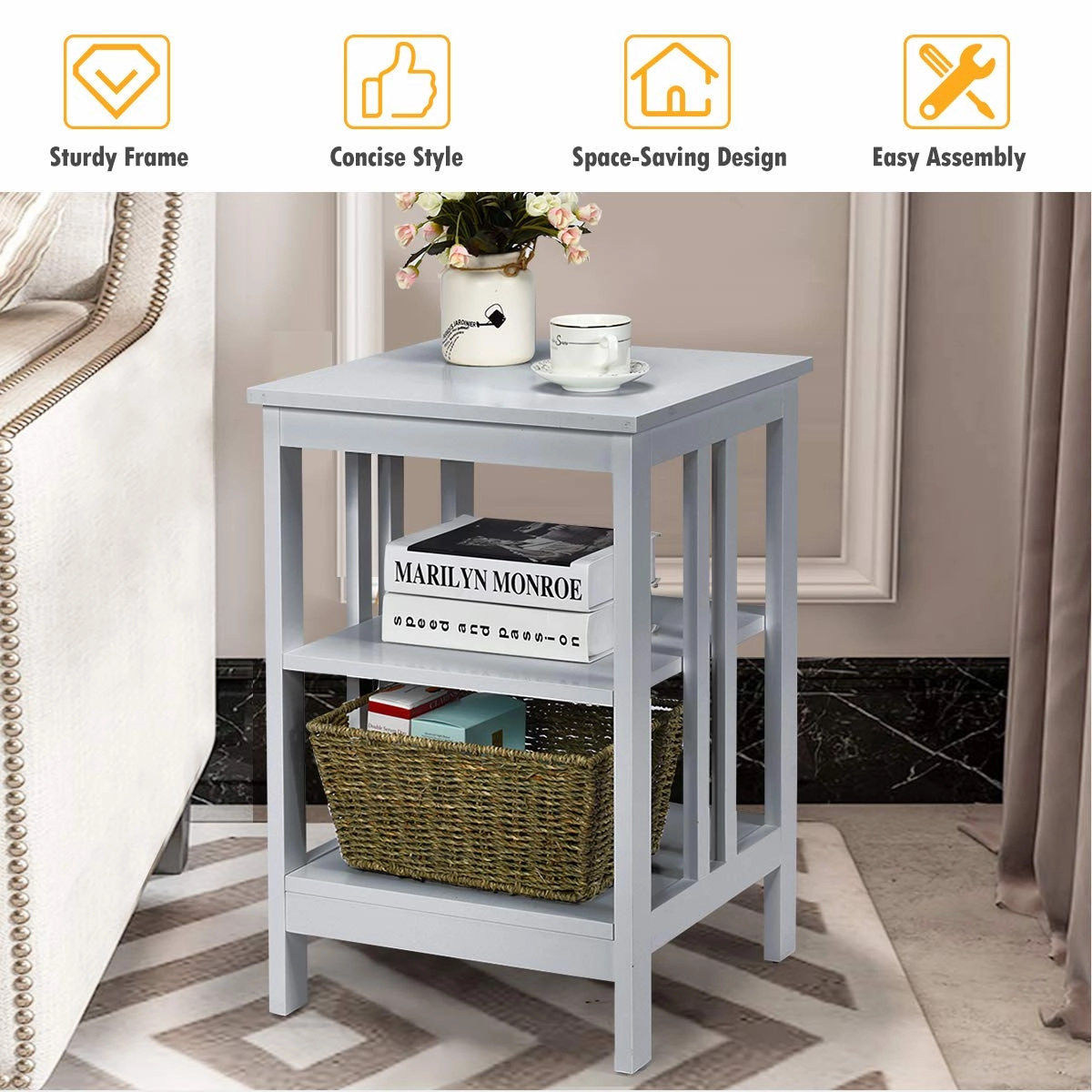 Giantex Nightstand 3-Tier Sofa Side Table W/Reinforced Bars and Stable Structure
