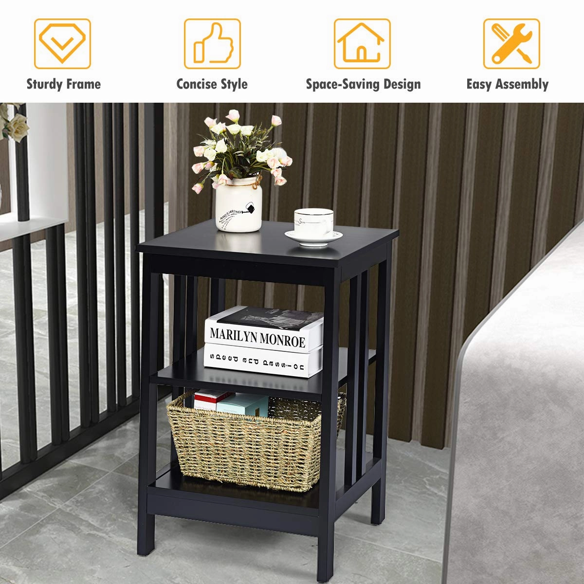 Giantex Nightstand 3-Tier Sofa Side Table W/Reinforced Bars and Stable Structure