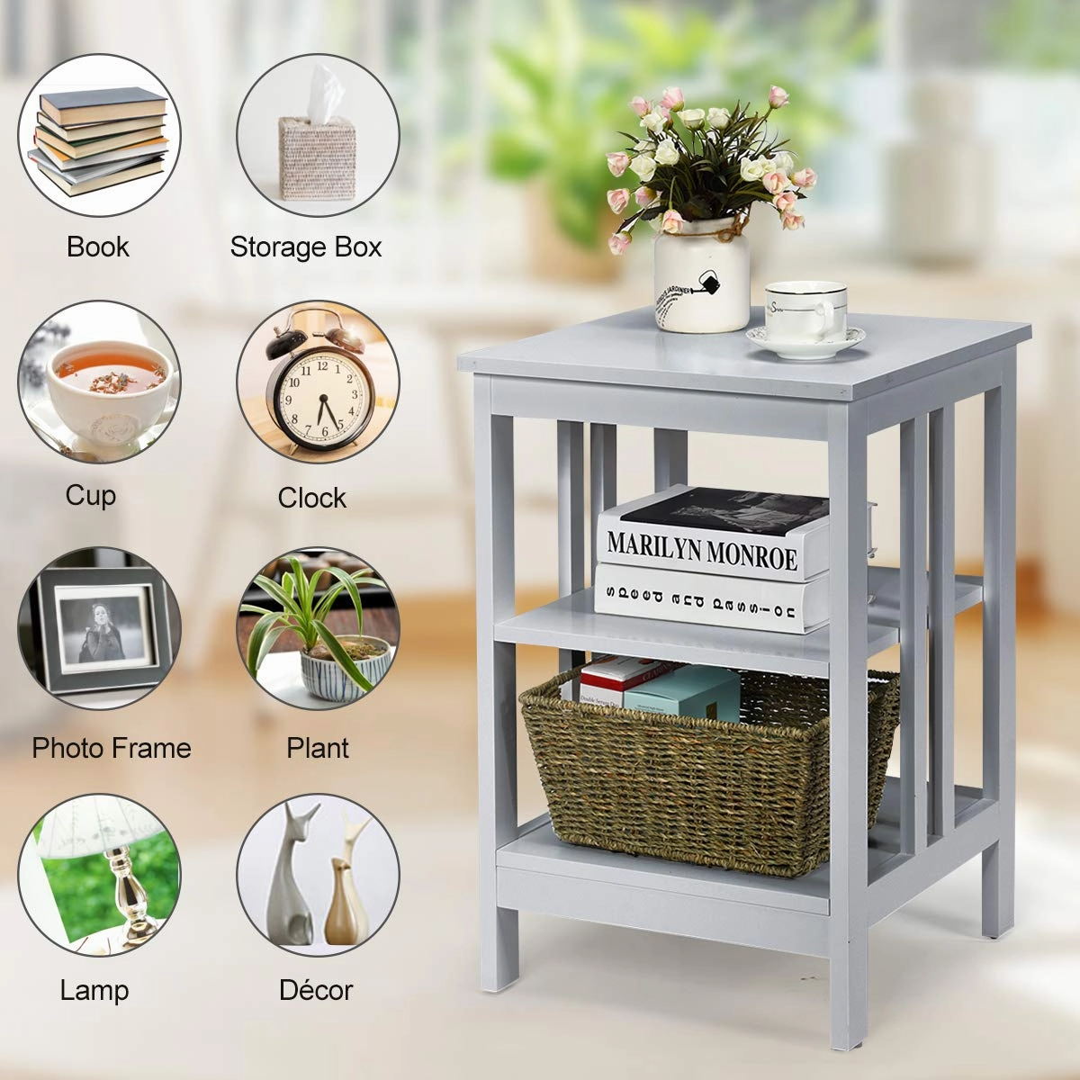 Giantex Nightstand 3-Tier Sofa Side Table W/Reinforced Bars and Stable Structure