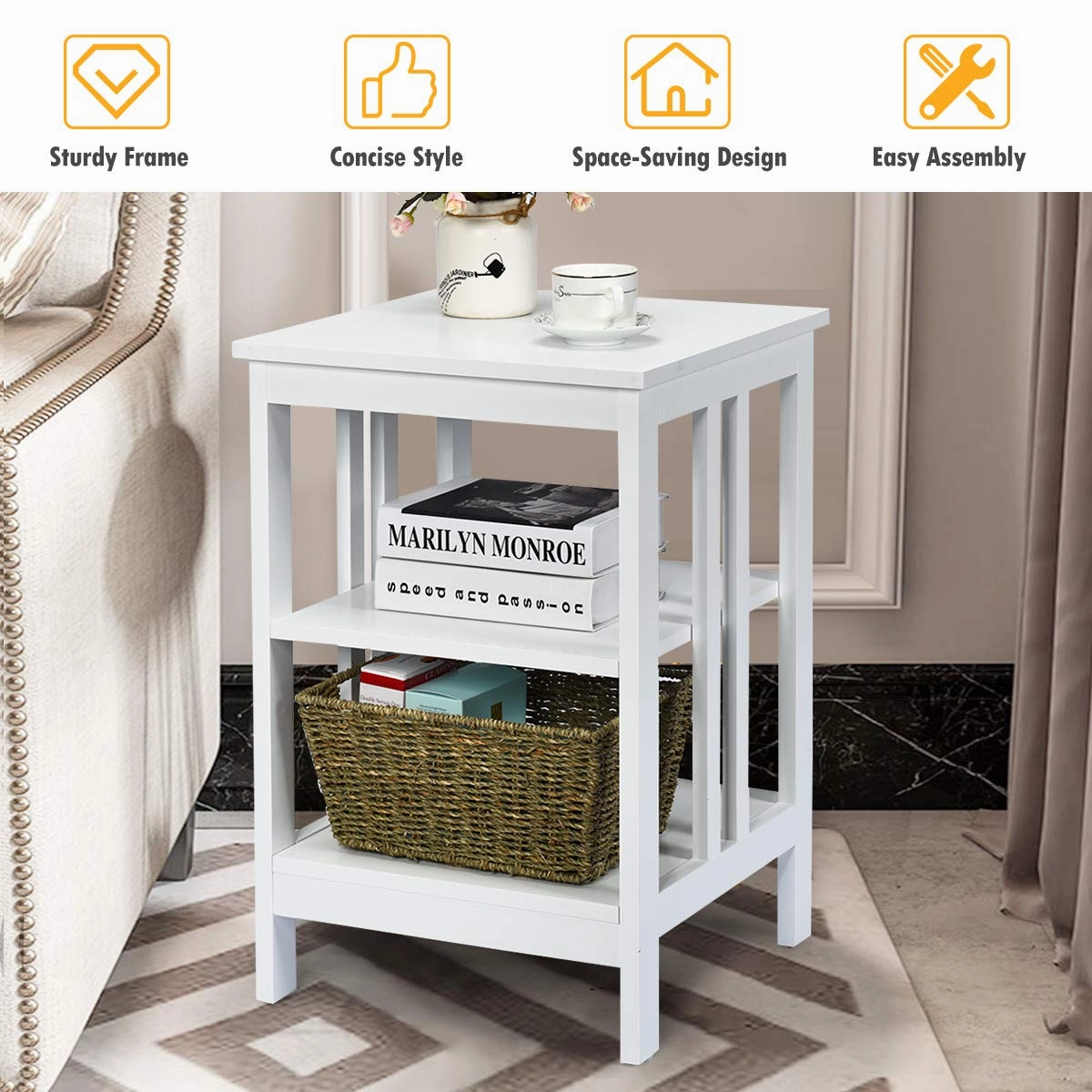Giantex Nightstand 3-Tier Sofa Side Table W/Reinforced Bars and Stable Structure