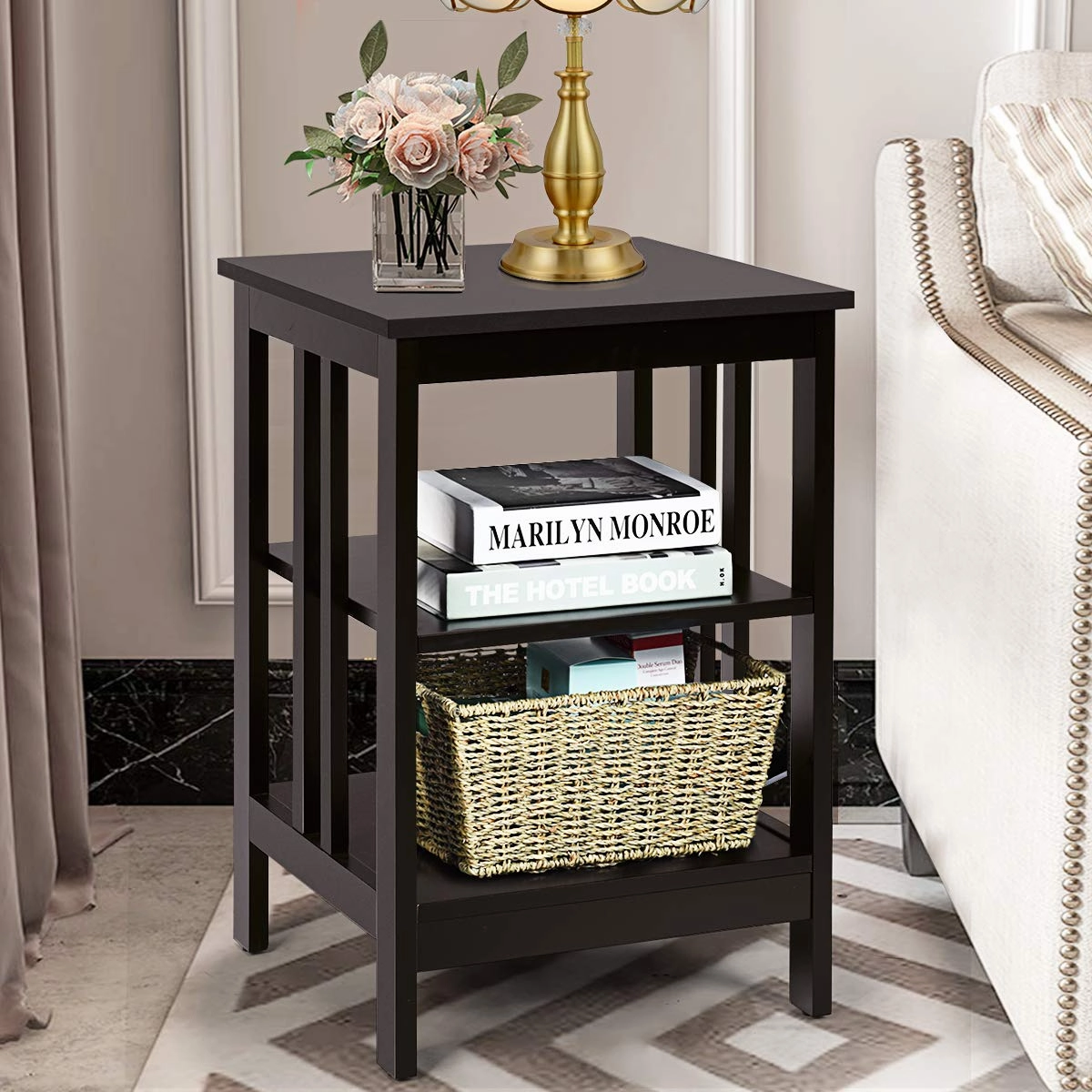 Giantex Nightstand 3-Tier Sofa Side Table W/Reinforced Bars and Stable Structure