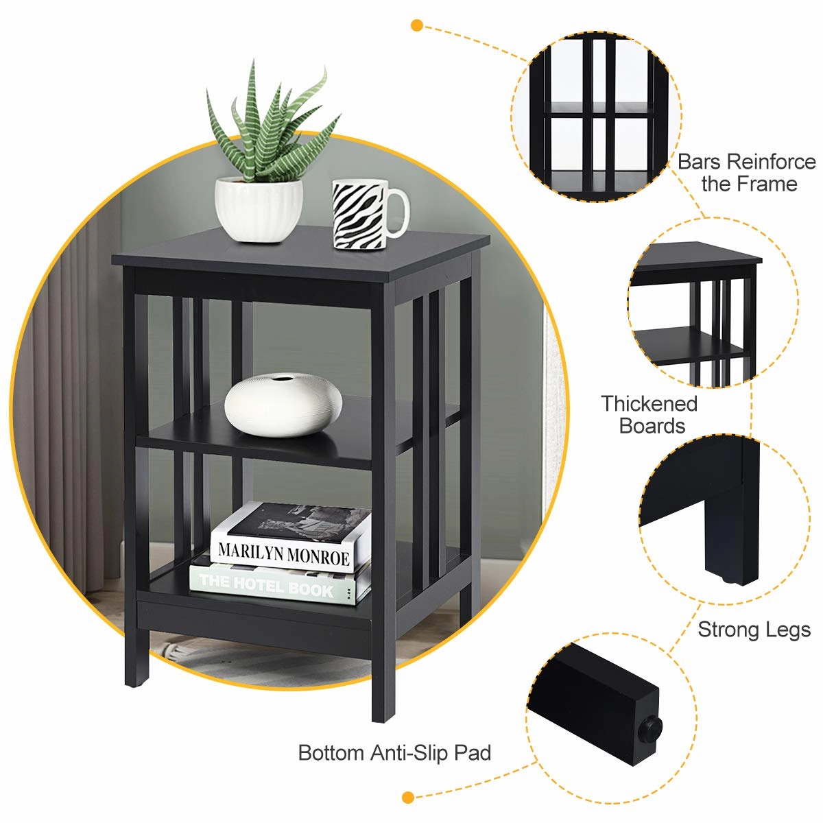 Giantex Nightstand 3-Tier Sofa Side Table W/Reinforced Bars and Stable Structure