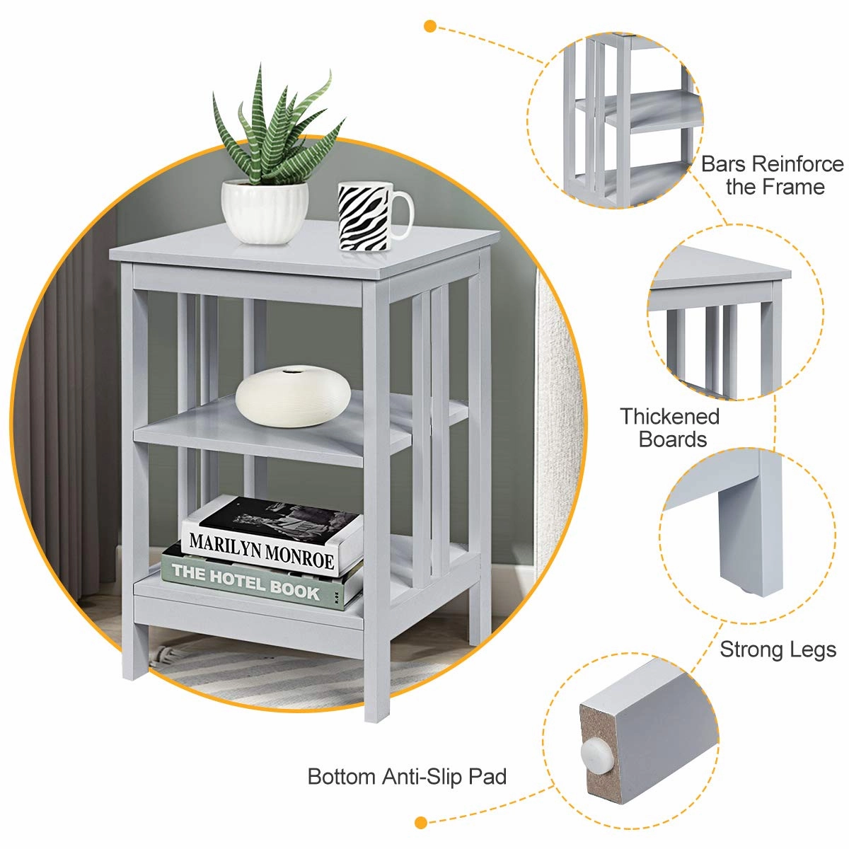 Giantex Nightstand 3-Tier Sofa Side Table W/Reinforced Bars and Stable Structure